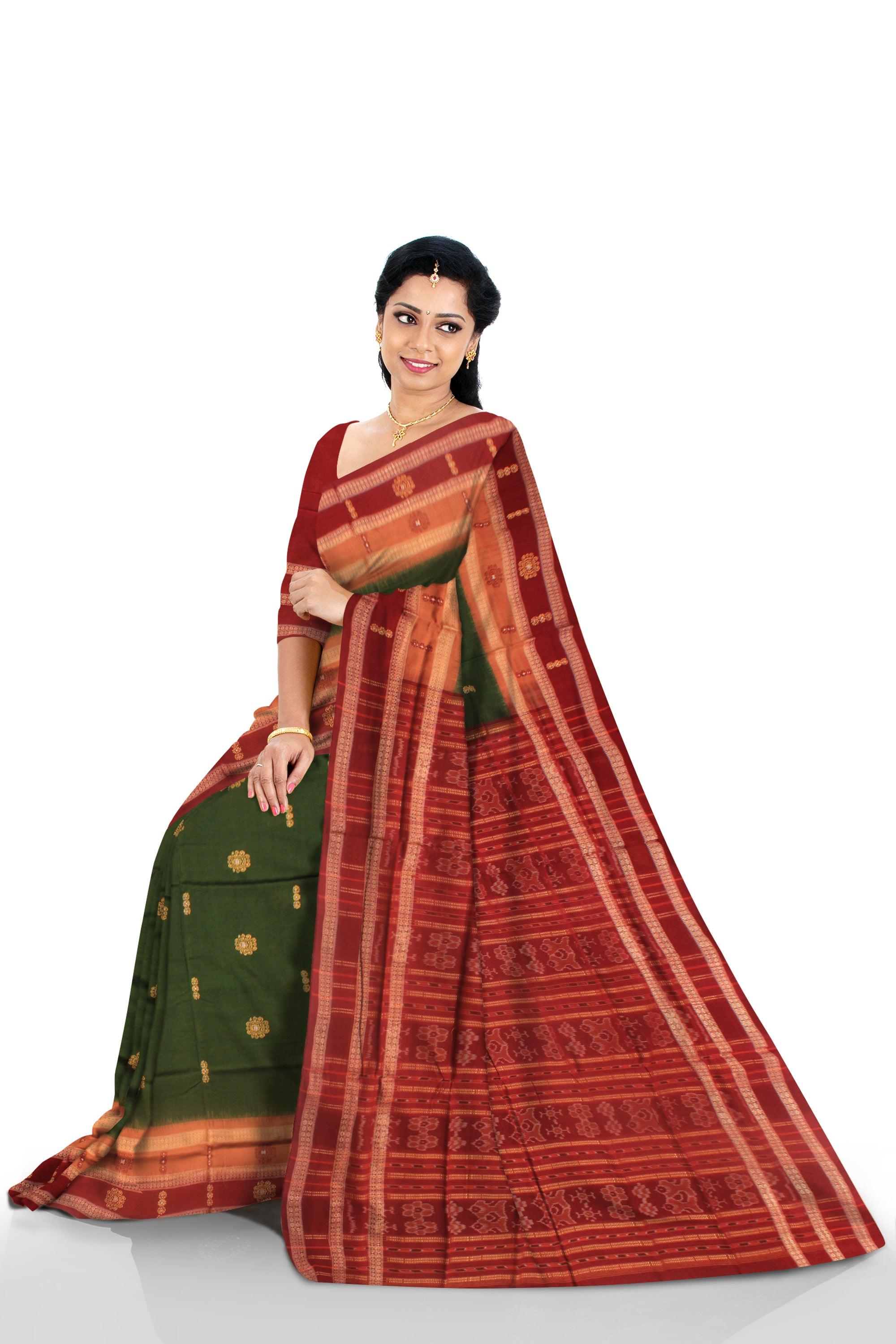 MEHENDI AND MAROON COLOR BANDHA DESIGN COTTON SAREE, WITH BLOUSE PIECE. - Koshali Arts & Crafts Enterprise