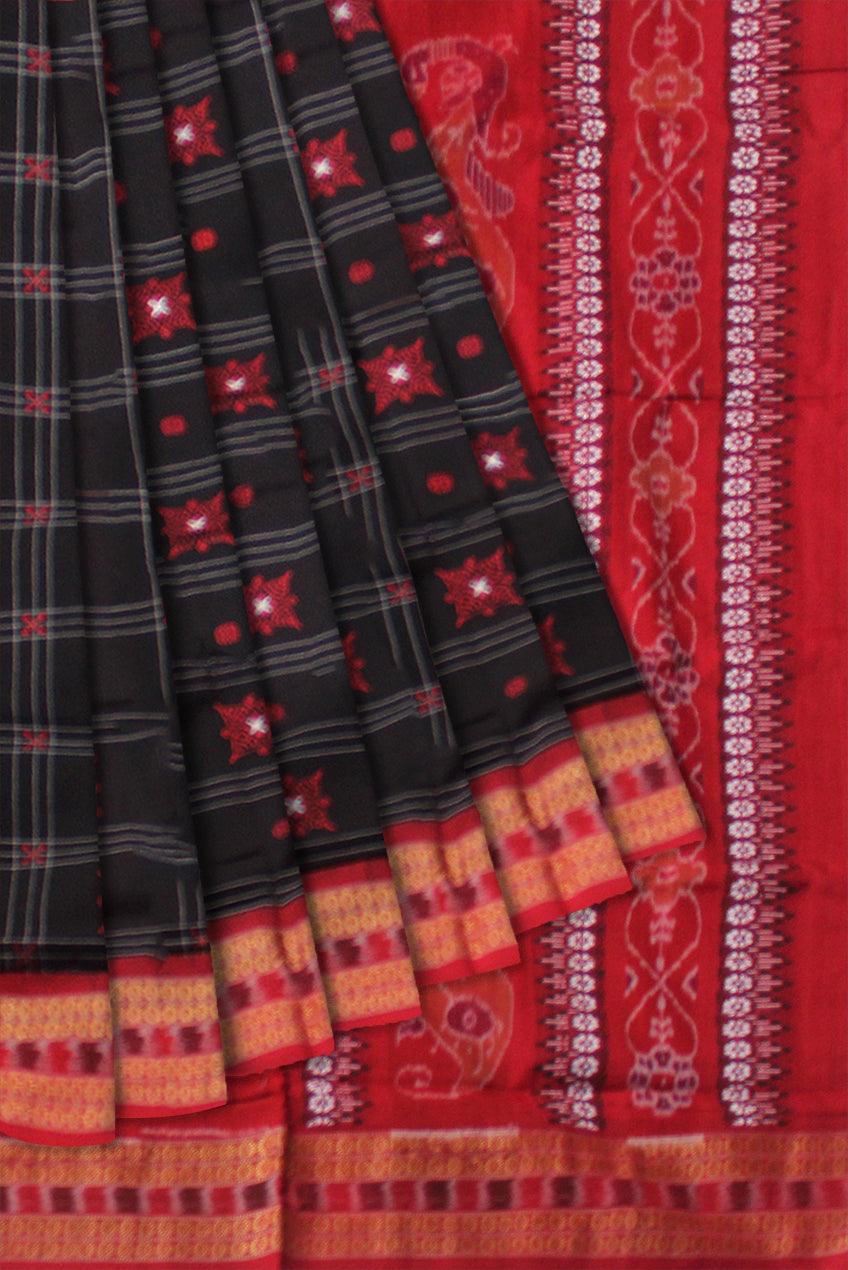 NEW DESIGN BOMKEI PATTERN COTTON SAREE IN MODERN BLACK AND RED COLOR BASE, ATTACHED WITH BLOUSE PIECE. - Koshali Arts & Crafts Enterprise
