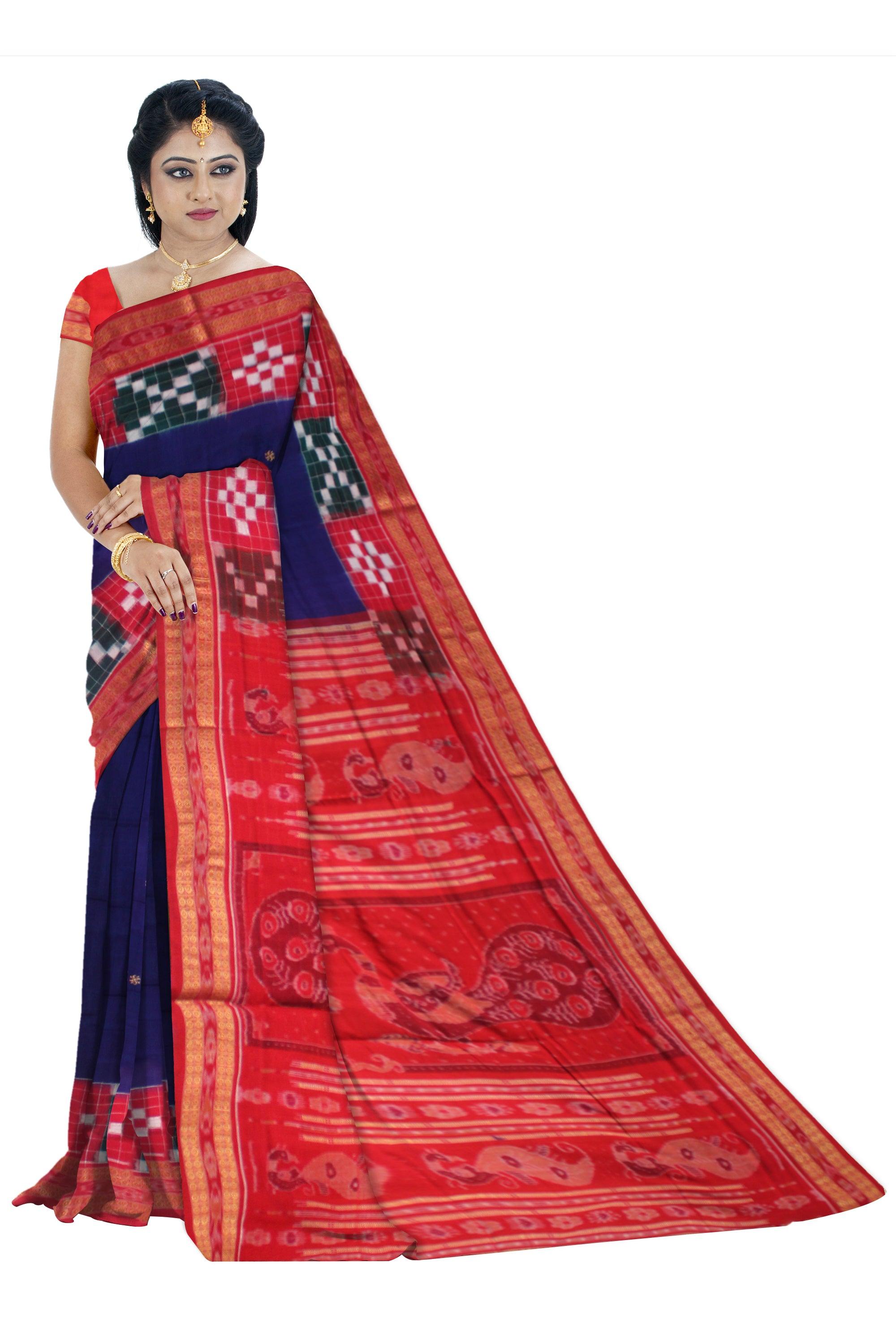 DARK BLUE AND RED COLOR PASAPALI BORDER AND BODY BOOTY PATTERN COTTON SAREE , WITH BLOUSE PIECE. - Koshali Arts & Crafts Enterprise