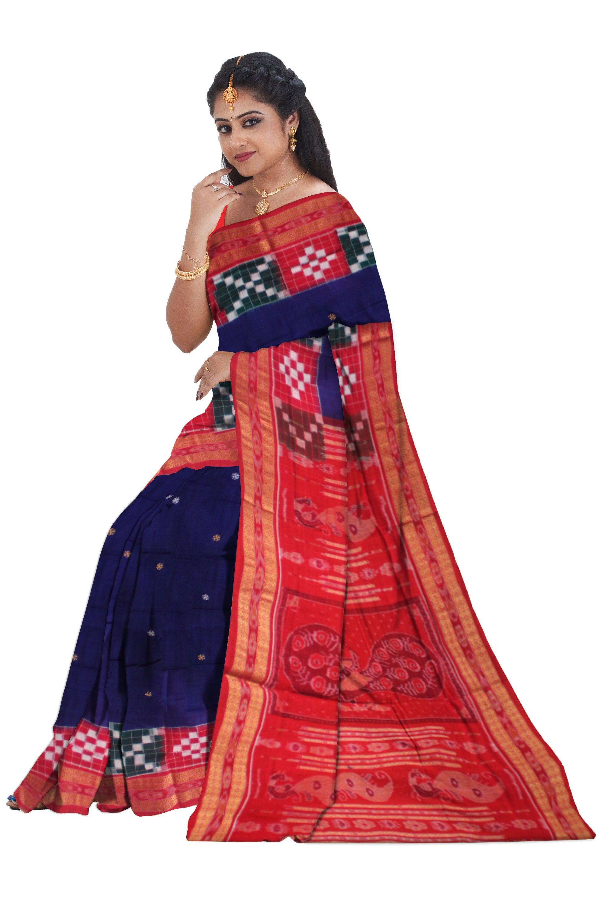 DARK BLUE AND RED COLOR PASAPALI BORDER AND BODY BOOTY PATTERN COTTON SAREE , WITH BLOUSE PIECE. - Koshali Arts & Crafts Enterprise