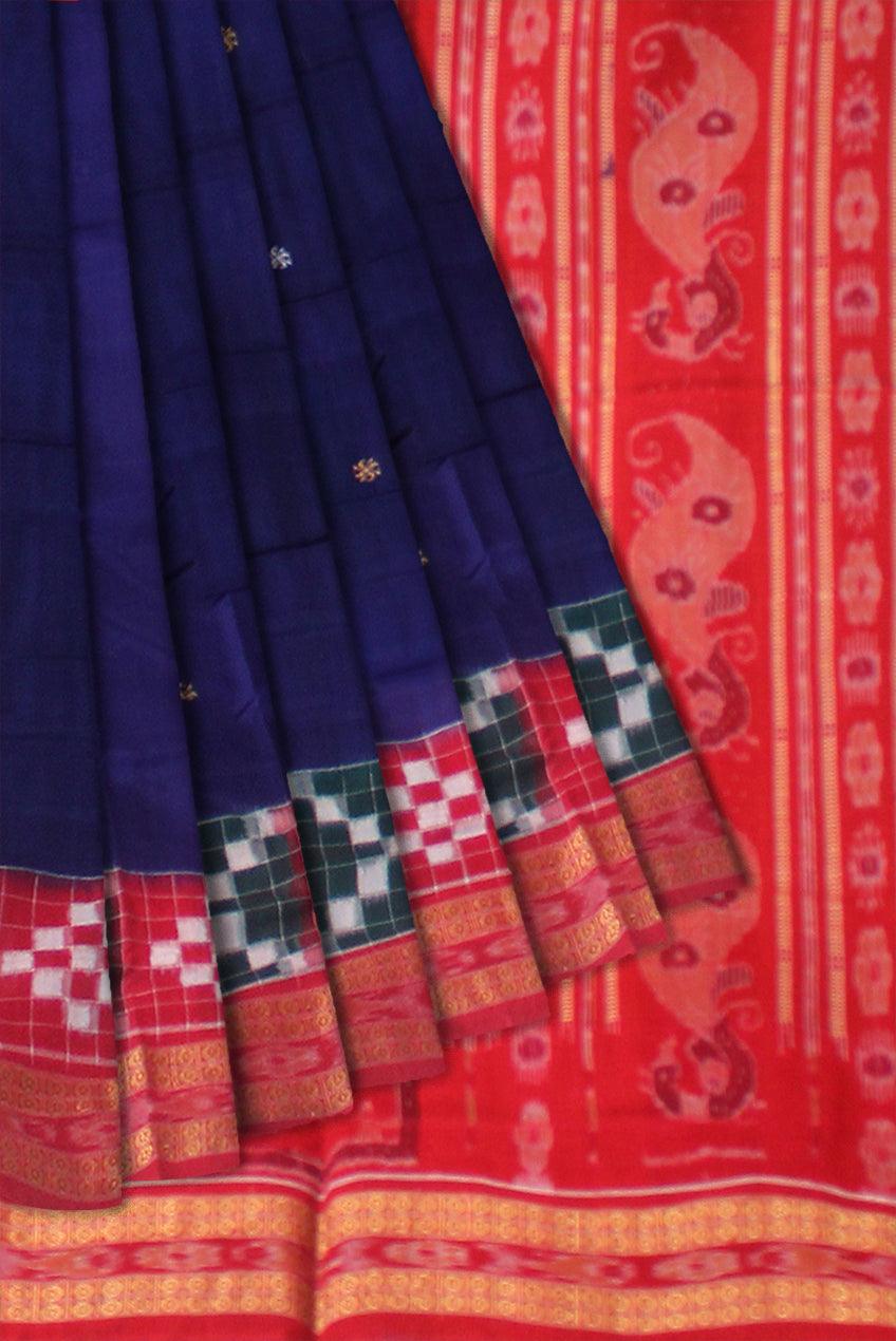 DARK BLUE AND RED COLOR PASAPALI BORDER AND BODY BOOTY PATTERN COTTON SAREE , WITH BLOUSE PIECE. - Koshali Arts & Crafts Enterprise