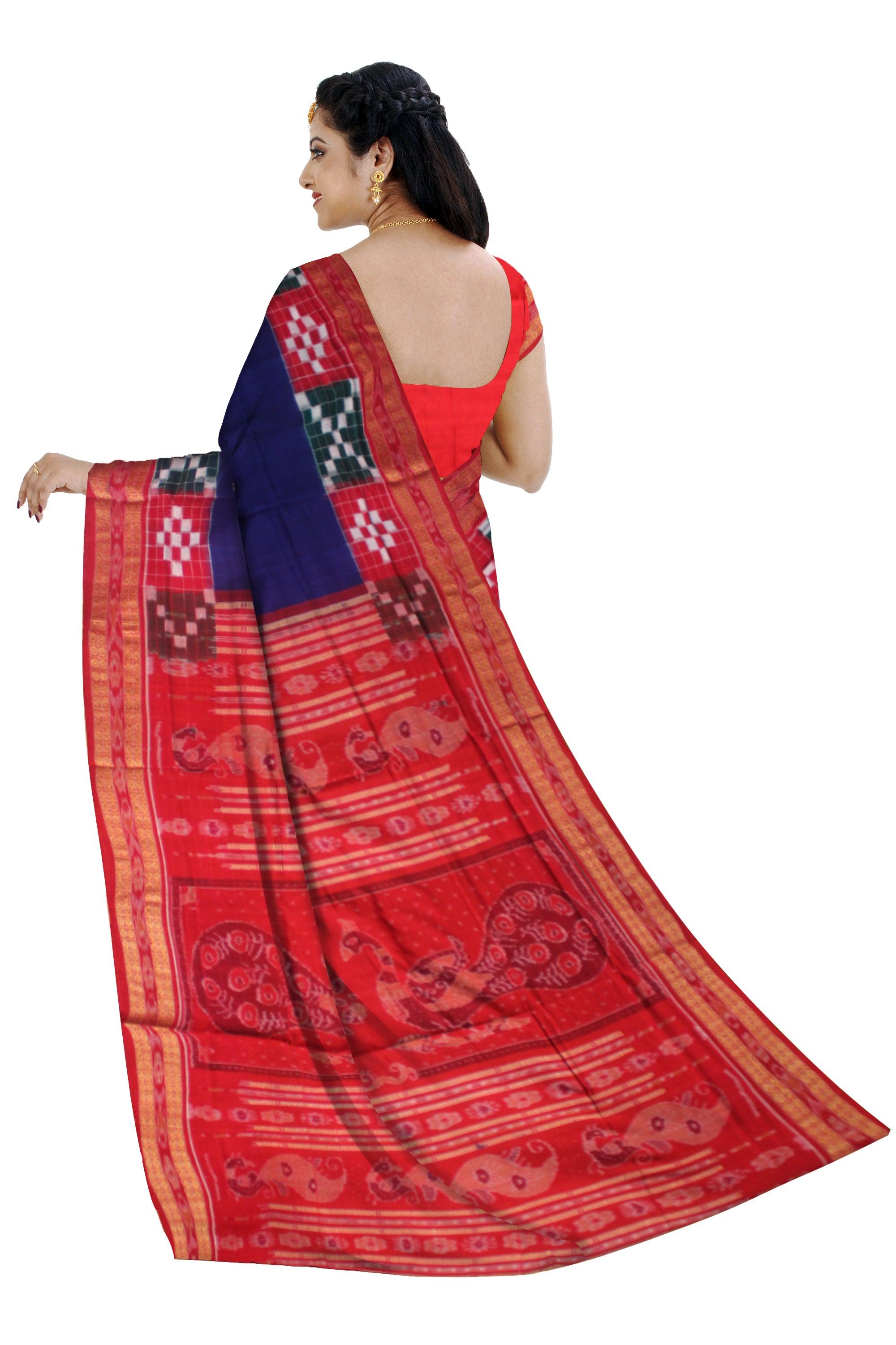 DARK BLUE AND RED COLOR PASAPALI BORDER AND BODY BOOTY PATTERN COTTON SAREE , WITH BLOUSE PIECE. - Koshali Arts & Crafts Enterprise