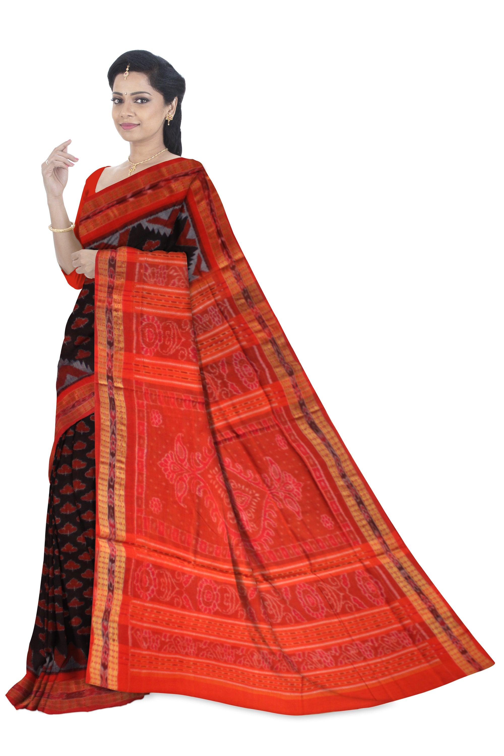 SMALL LIP AND KUMBHA PATTERN PURE COTTON SAREE IN BLACK AND RED COLOR,  WITH OUT BLOUSE PIECE. - Koshali Arts & Crafts Enterprise