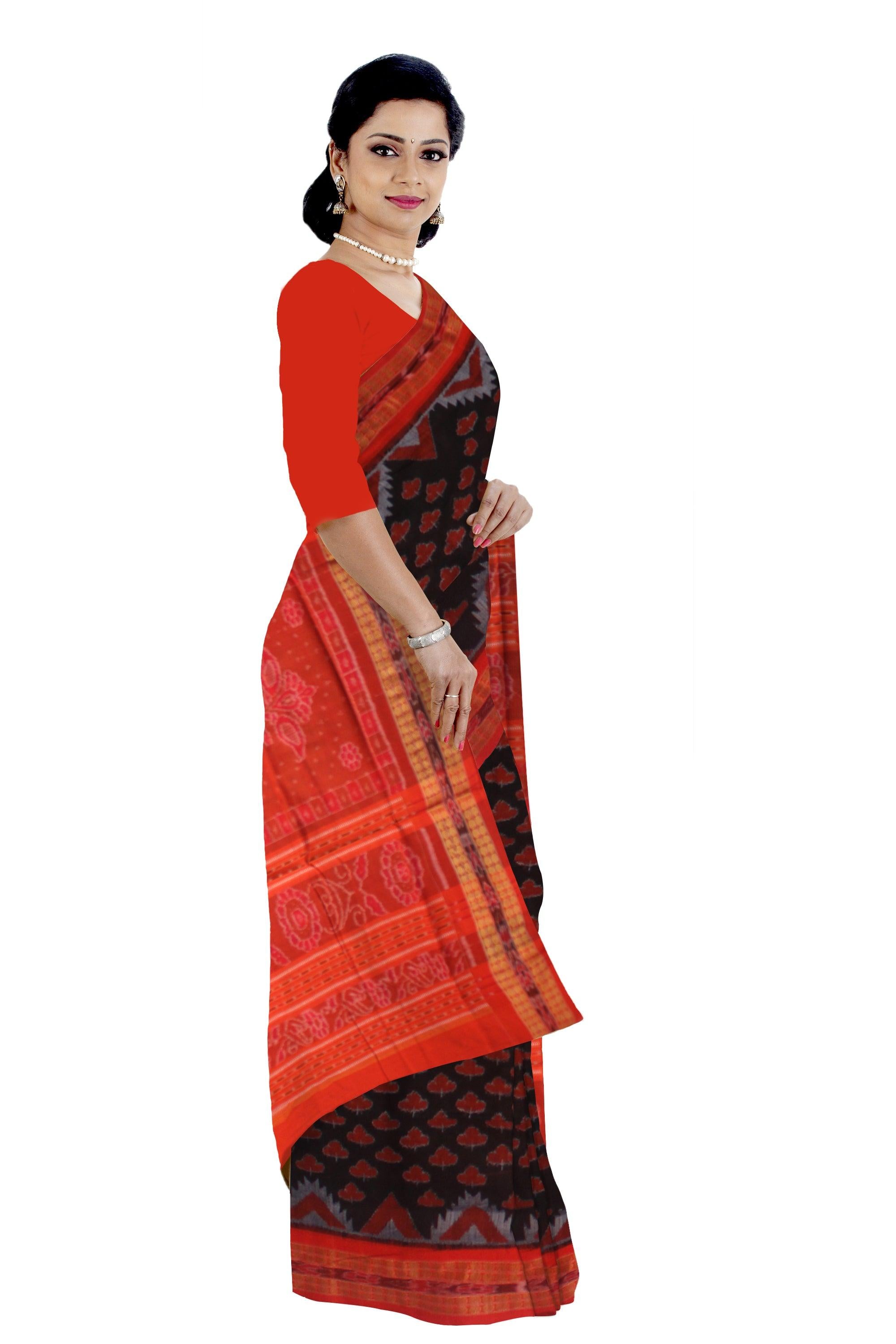 SMALL LIP AND KUMBHA PATTERN PURE COTTON SAREE IN BLACK AND RED COLOR,  WITH OUT BLOUSE PIECE. - Koshali Arts & Crafts Enterprise