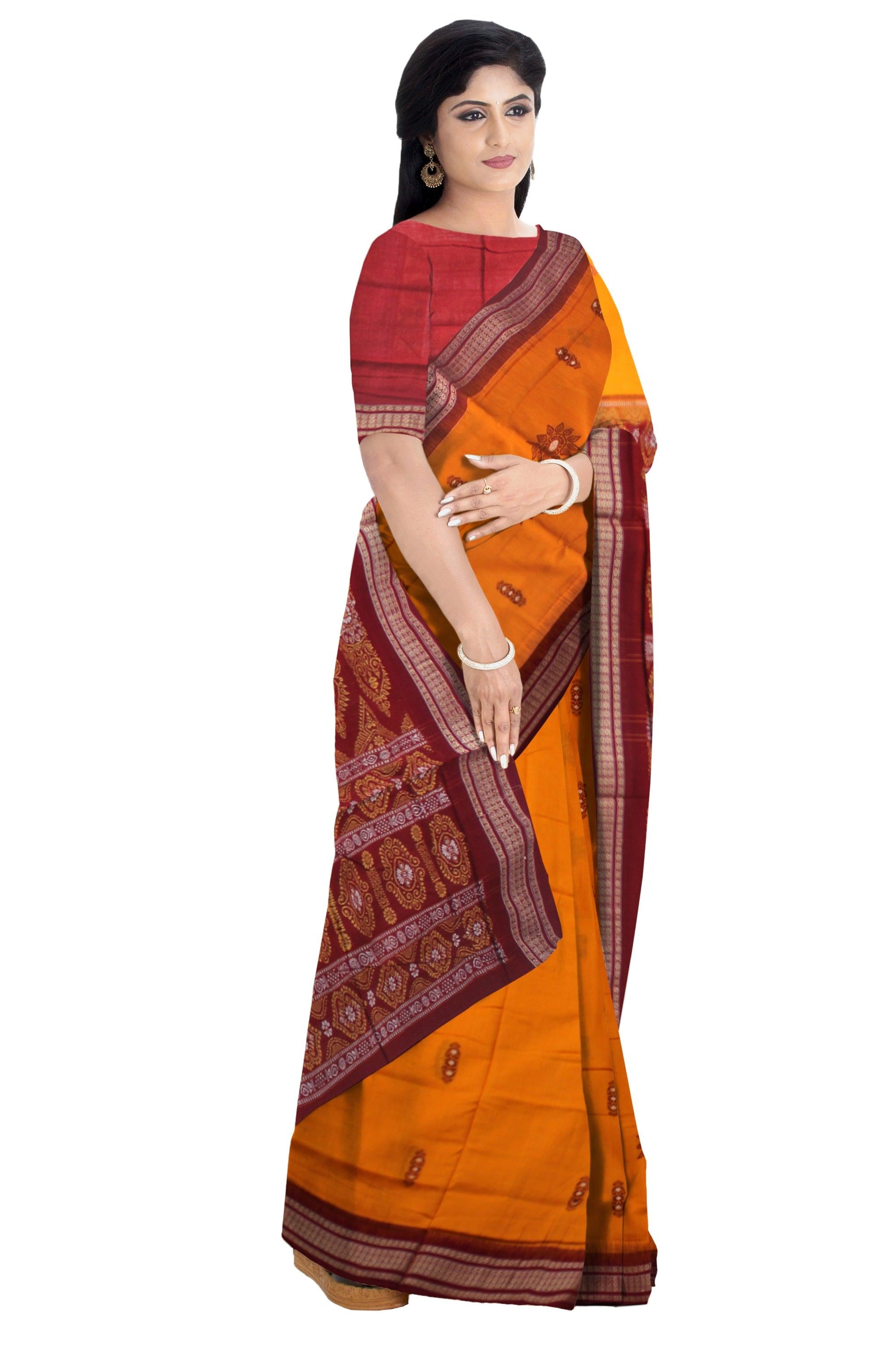 COTTON HANDLOOM BOMKEI  PATTERN SAREE IN YELOOW AND MAROON COLOR, WITH BLOUSE PIECE. - Koshali Arts & Crafts Enterprise