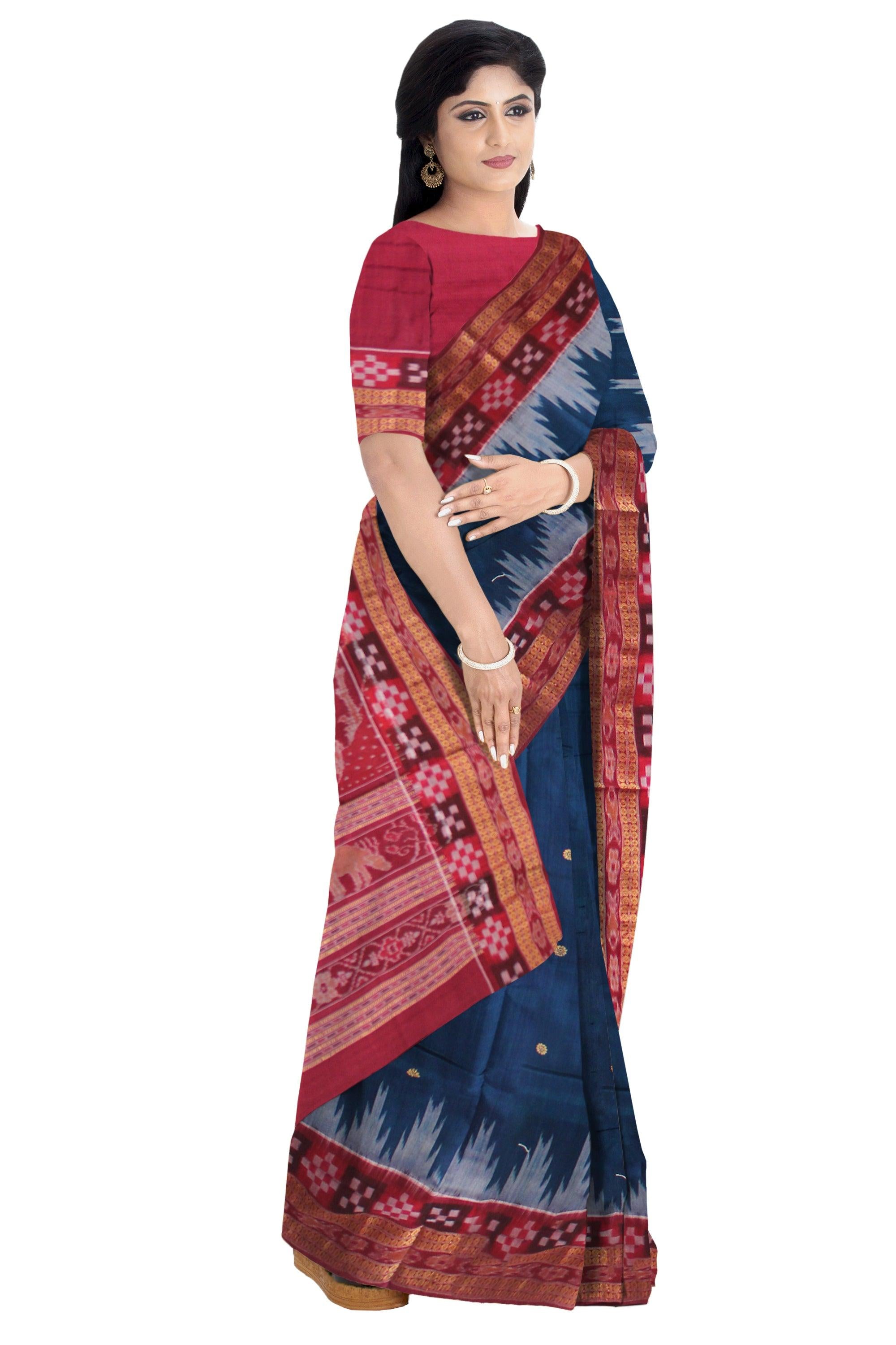 A SAMBALPURI COTTON SAREE IN LIGHT BLUE AND MAROON COLOR DHADISAPTA DESIGN,WITH BLOUSE PIECE. - Koshali Arts & Crafts Enterprise