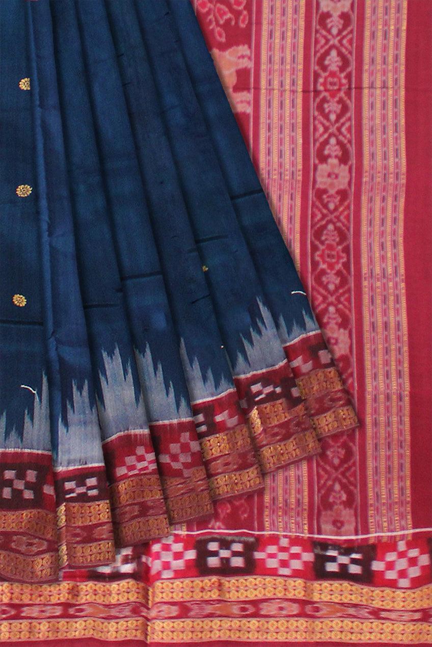 A SAMBALPURI COTTON SAREE IN LIGHT BLUE AND MAROON COLOR DHADISAPTA DESIGN,WITH BLOUSE PIECE. - Koshali Arts & Crafts Enterprise
