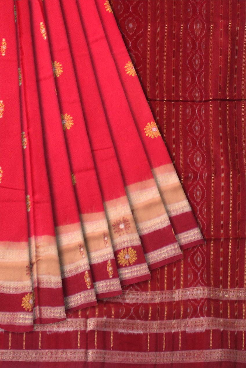 A SAMBALPURI BOOTY WORK BOMKEI COTTON SAREE IN RED AND MAROON COLOR BODY WITH BLOUSE PIECE. - Koshali Arts & Crafts Enterprise