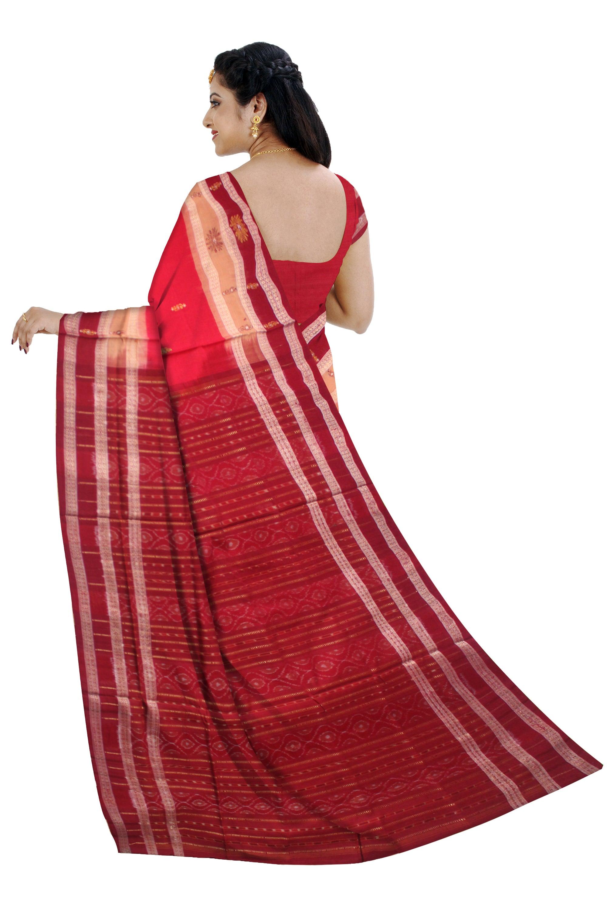 A SAMBALPURI BOOTY WORK BOMKEI COTTON SAREE IN RED AND MAROON COLOR BODY WITH BLOUSE PIECE. - Koshali Arts & Crafts Enterprise