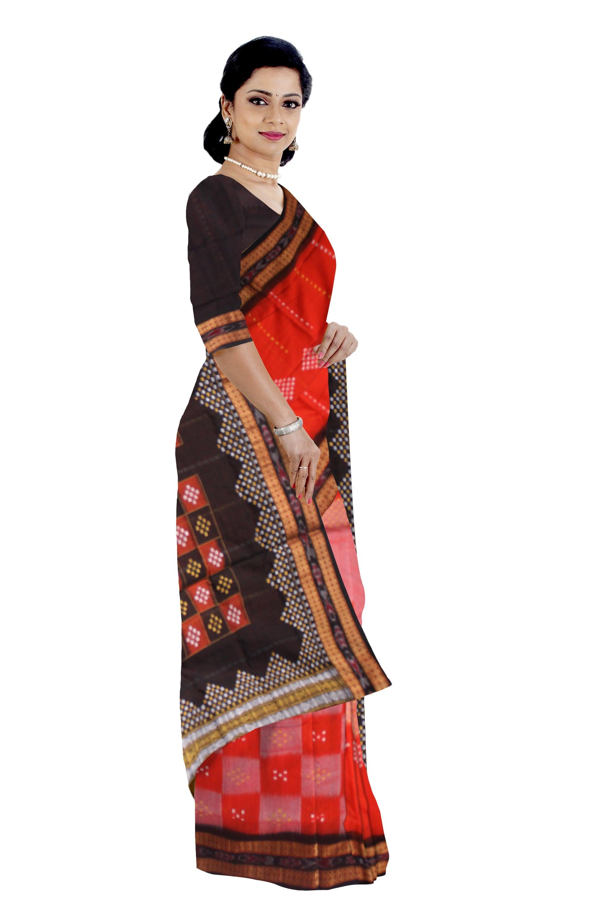 ORANGE AND BLACK COLOR BOX PATTERN PASAPALI  COTTON SAREE, ATTACHED WITH BLOUSE PIECE. - Koshali Arts & Crafts Enterprise