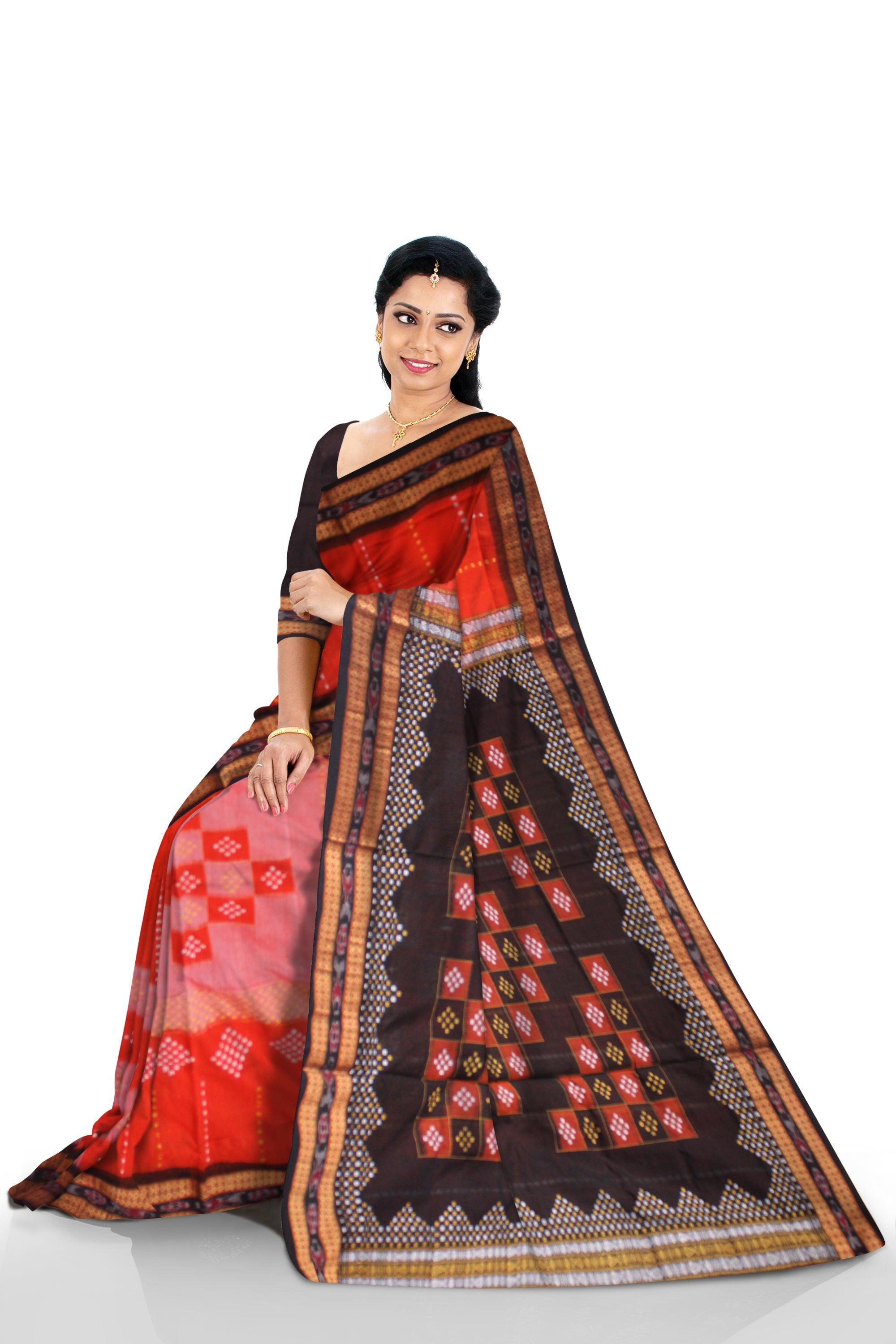 ORANGE AND BLACK COLOR BOX PATTERN PASAPALI COTTON SAREE, ATTACHED WITH BLOUSE PIECE. - Koshali Arts & Crafts Enterprise