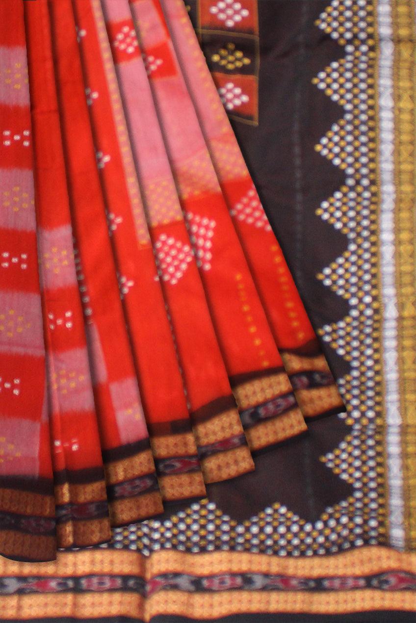 ORANGE AND BLACK COLOR BOX PATTERN PASAPALI COTTON SAREE, ATTACHED WITH BLOUSE PIECE. - Koshali Arts & Crafts Enterprise
