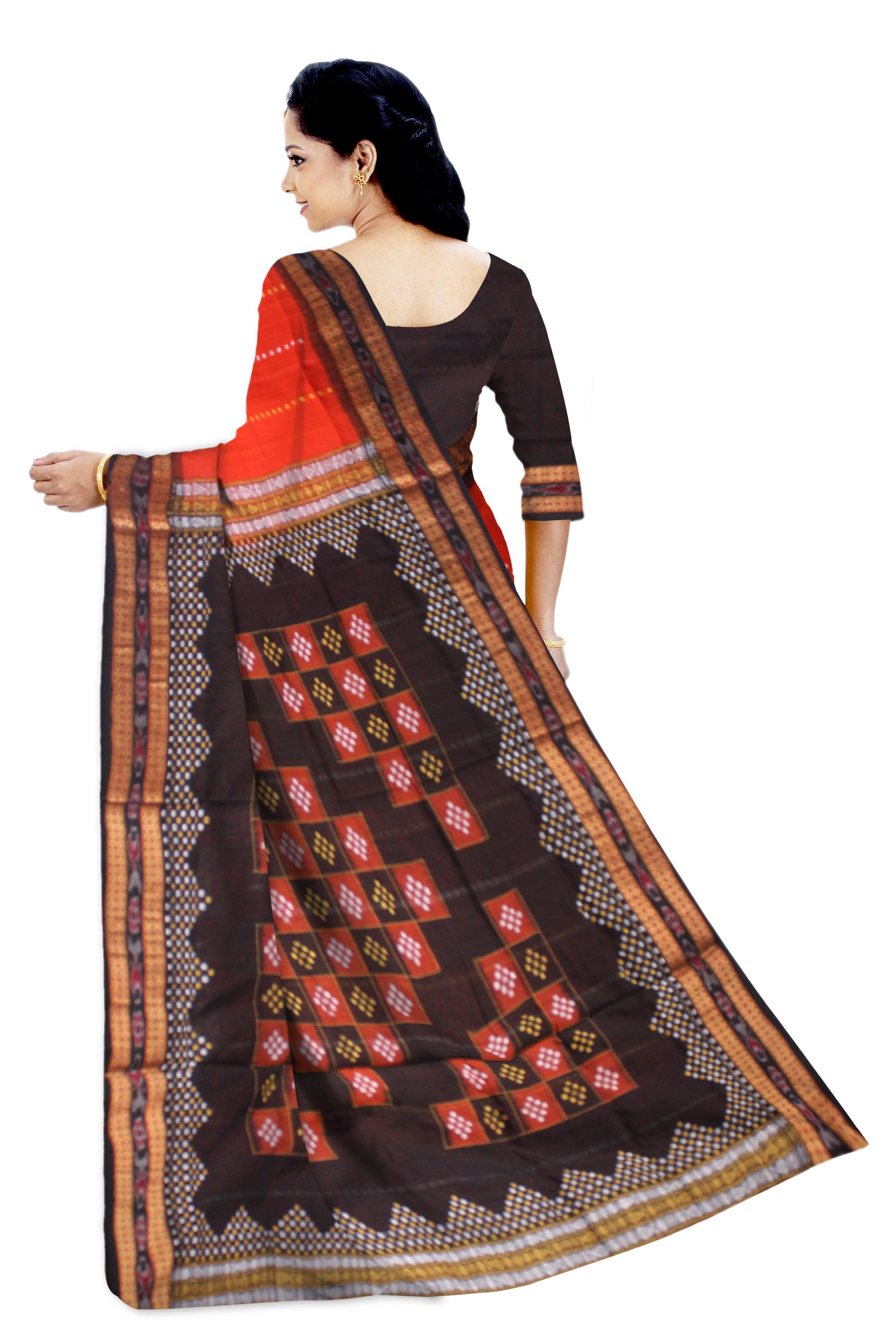 ORANGE AND BLACK COLOR BOX PATTERN PASAPALI COTTON SAREE, ATTACHED WITH BLOUSE PIECE. - Koshali Arts & Crafts Enterprise