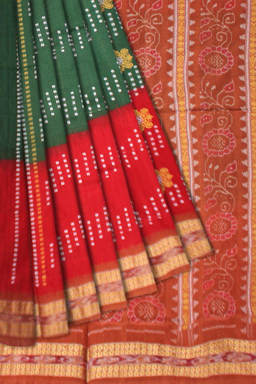 RED AND GREEN COLOR TRADITIONAL FLOWER PATTERN COTTON SAREE , WITH BLOUSE PIECE. - Koshali Arts & Crafts Enterprise