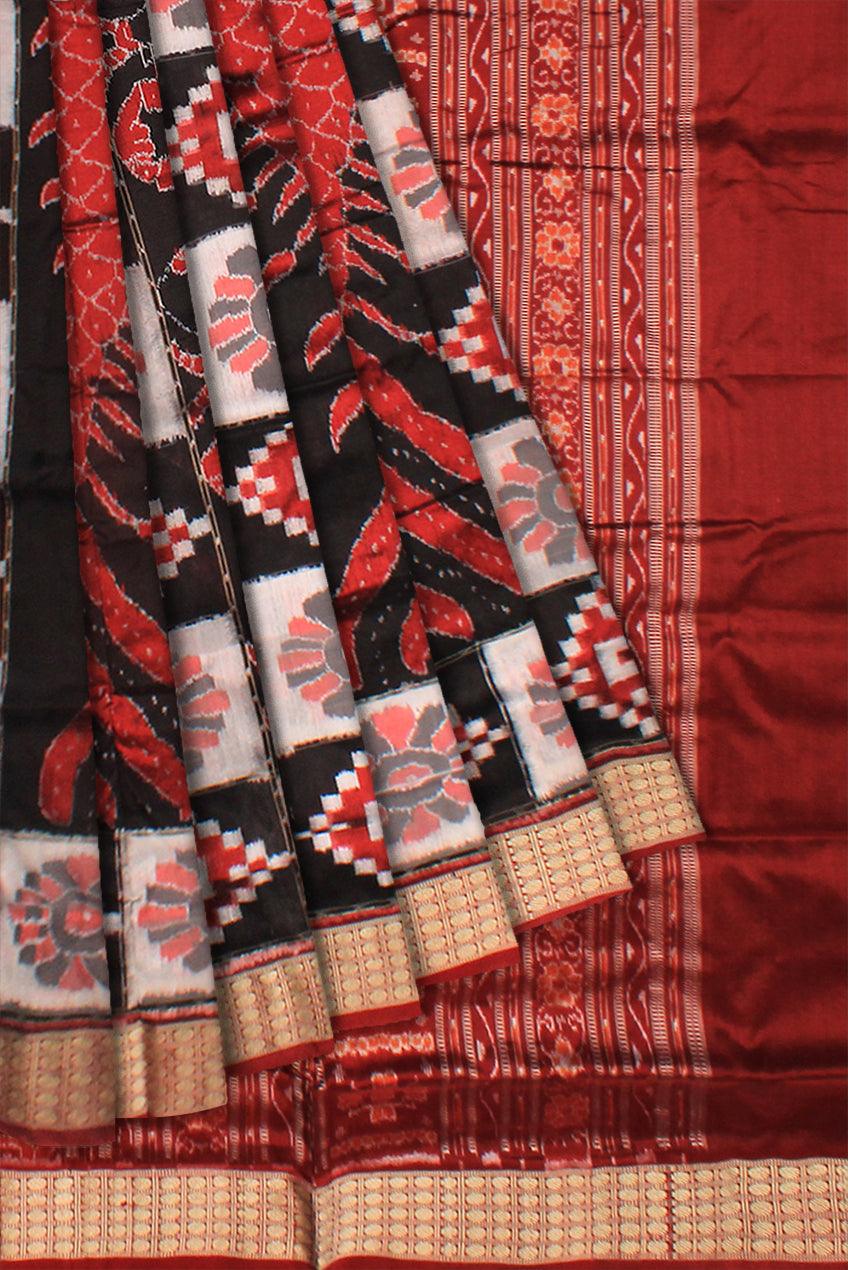BIG FISH PATTERN PURE SILK SAREE IN BLACK,WHITE AND MAROON COLOR BASE, ATTACHED WITH BLOUSE PIECE. - Koshali Arts & Crafts Enterprise