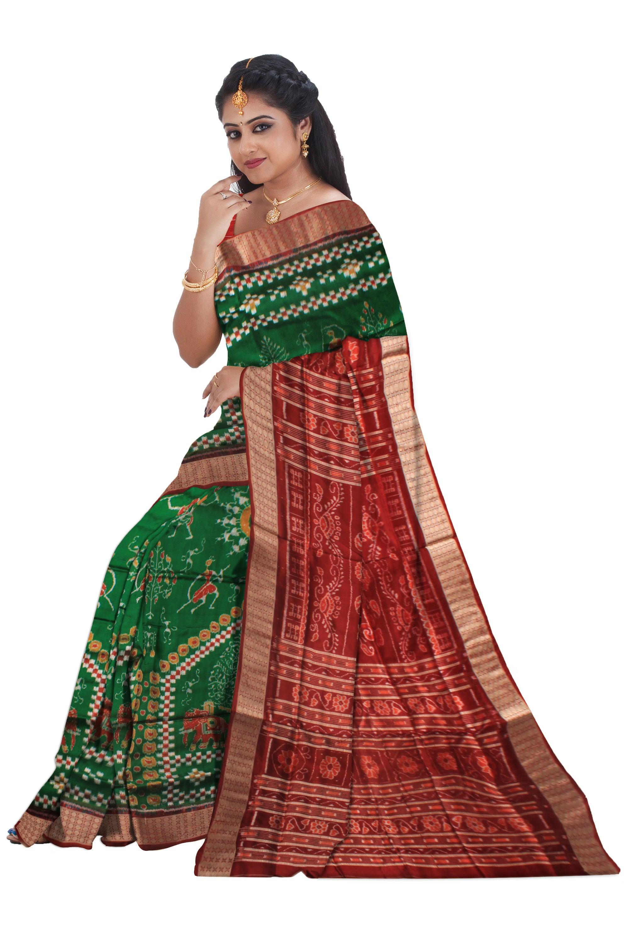 ROYAL ELEPHANT AND TERRACOTTA PATTERN PURE PATA SAREE IN DEEP GREEN AND MAROON COLOR, ATTACHED WITH BLOUSE PIECE. - Koshali Arts & Crafts Enterprise