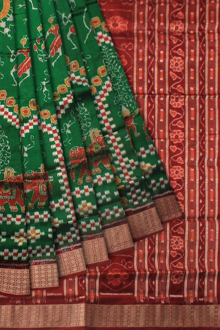 ROYAL ELEPHANT AND TERRACOTTA PATTERN PURE PATA SAREE IN DEEP GREEN AND MAROON COLOR, ATTACHED WITH BLOUSE PIECE. - Koshali Arts & Crafts Enterprise