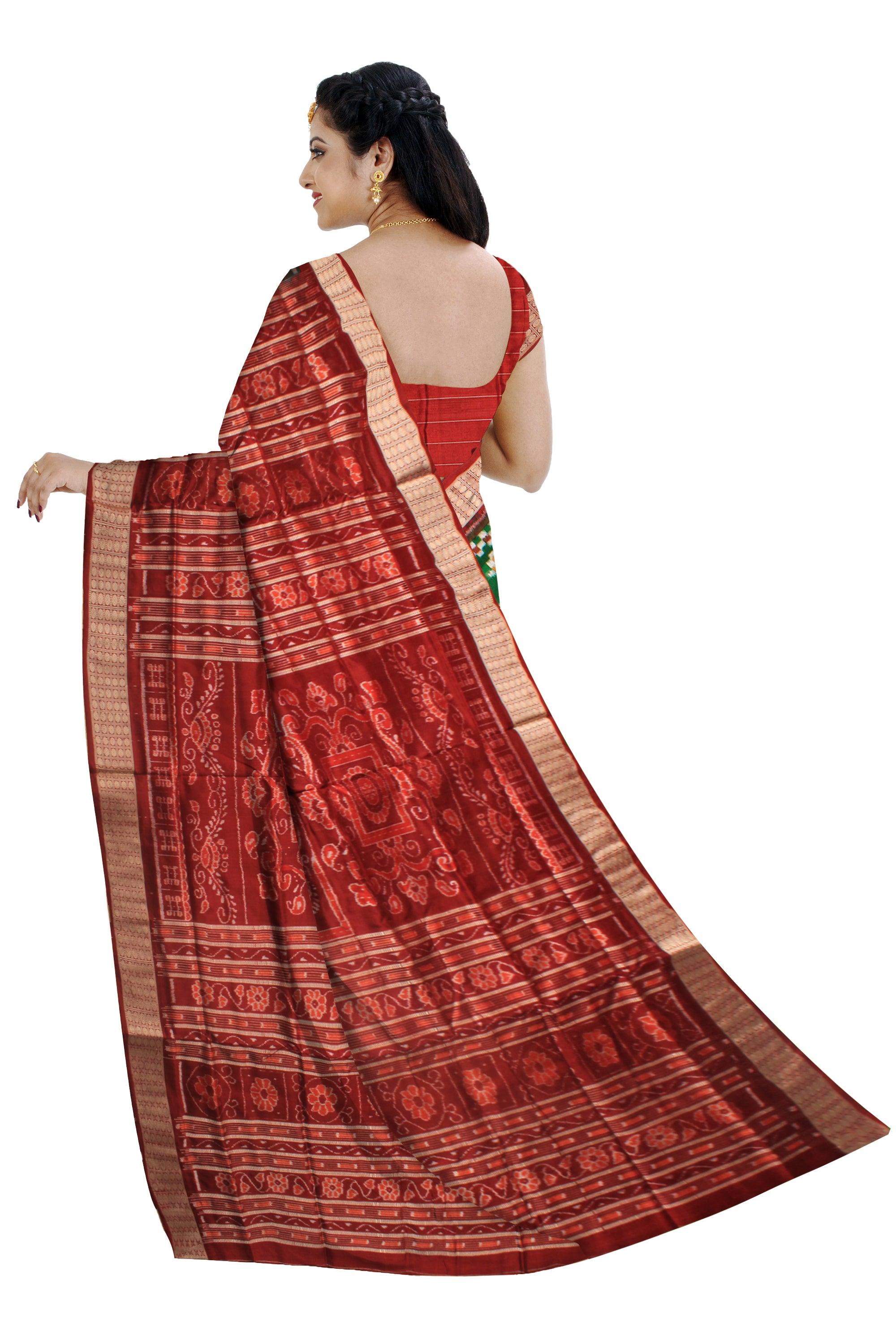 ROYAL ELEPHANT AND TERRACOTTA PATTERN PURE PATA SAREE IN DEEP GREEN AND MAROON COLOR, ATTACHED WITH BLOUSE PIECE. - Koshali Arts & Crafts Enterprise