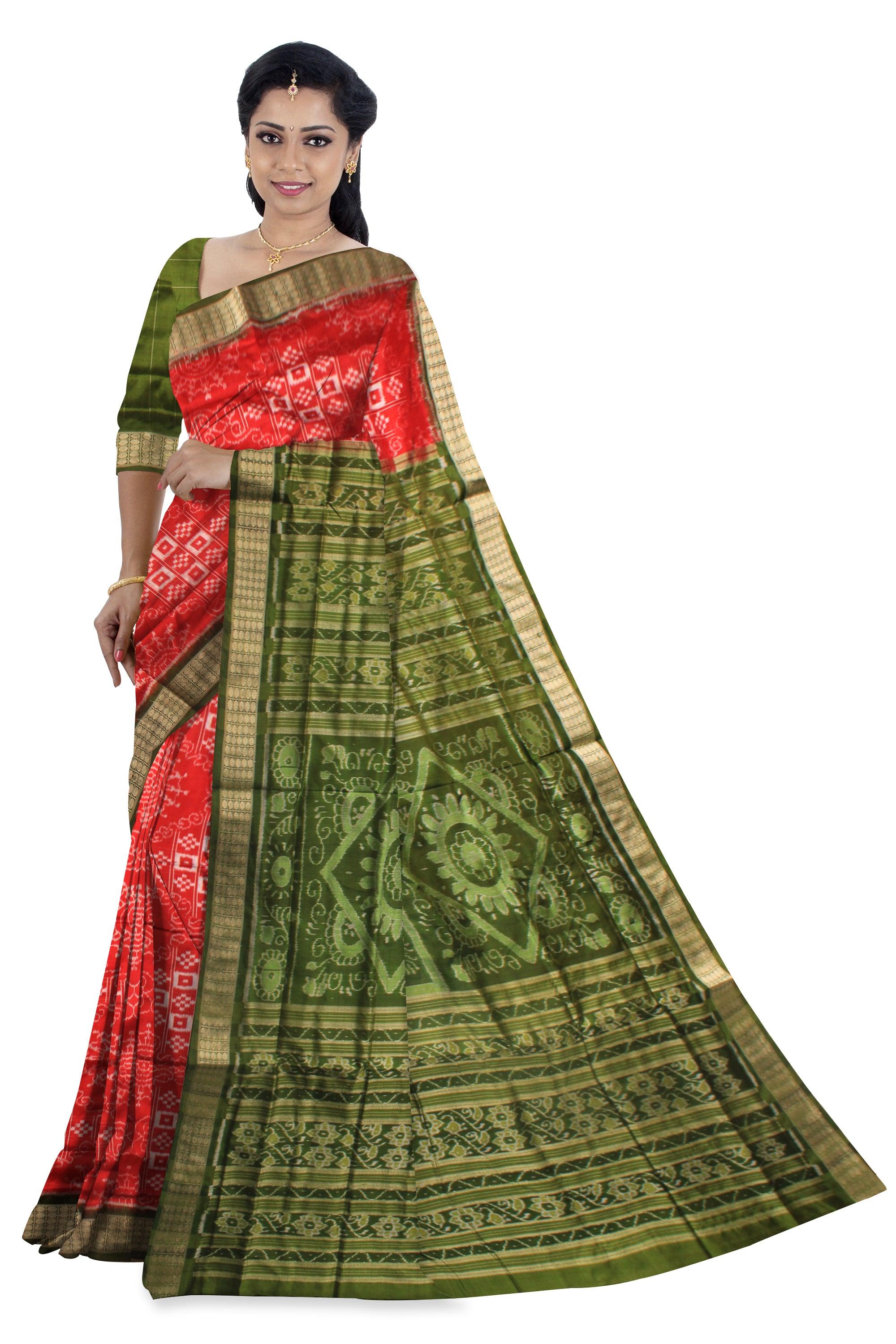 LATEST DESIGN TERRACOTTA WITH PASAPALI  DESIGN PURE SILK SAREE IN RED AND MEHENDI COLOR , COMES WITH BLOUSE PIECE. - Koshali Arts & Crafts Enterprise
