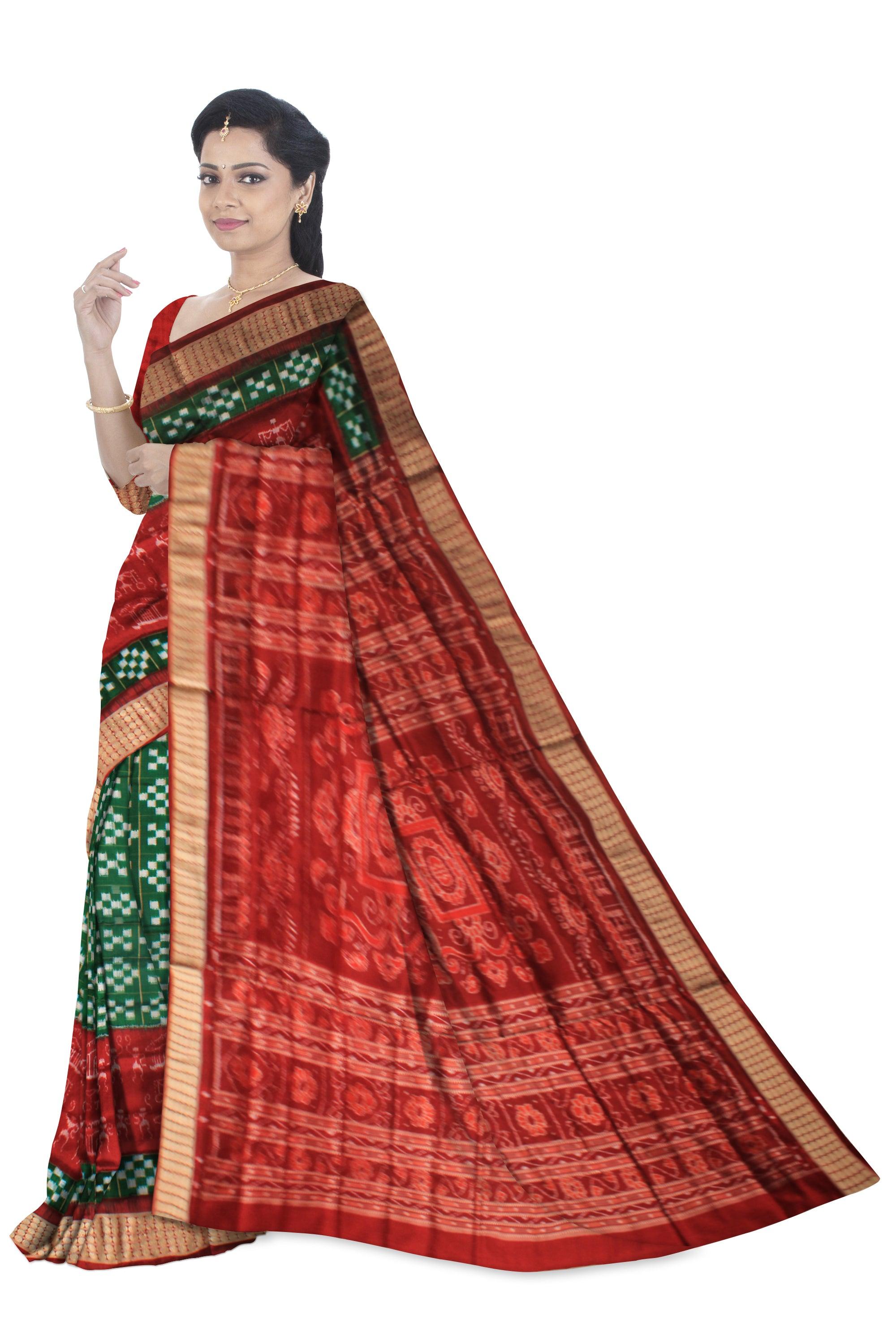 HANDWOVEN DEEP GREEN AND MAROON COLOR VILLAGE THEME AND TRIBAL MOTIFS PASAPALI SILK SAREE WITH BLOUSE PIECE. - Koshali Arts & Crafts Enterprise