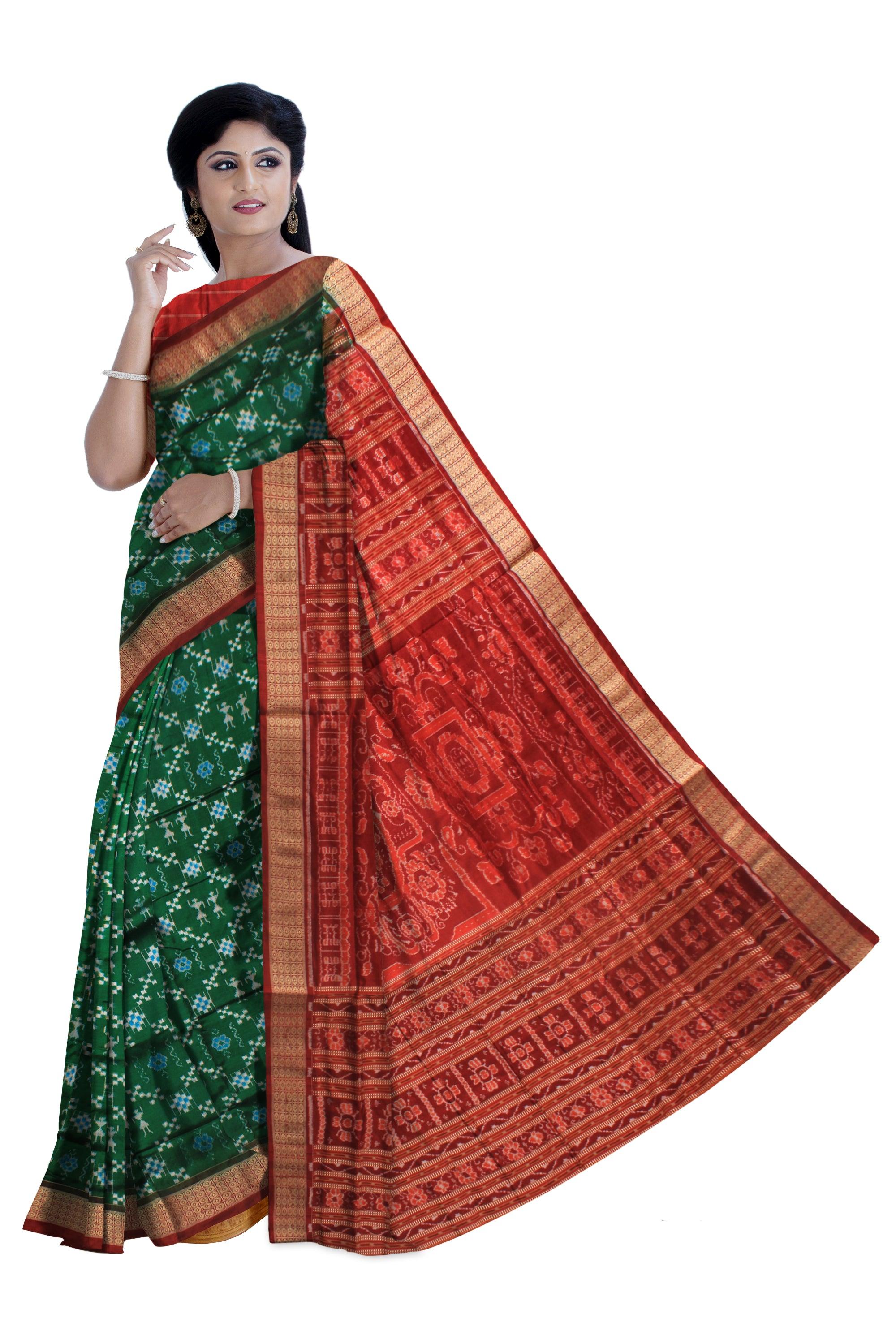SMALL TERRACOTTA AND PASAPALI PATTERN PURE SILK SAREE IN DEEP GREEN AND RED COLOR , ATTACHED WITH BLOUSE PIECE. - Koshali Arts & Crafts Enterprise