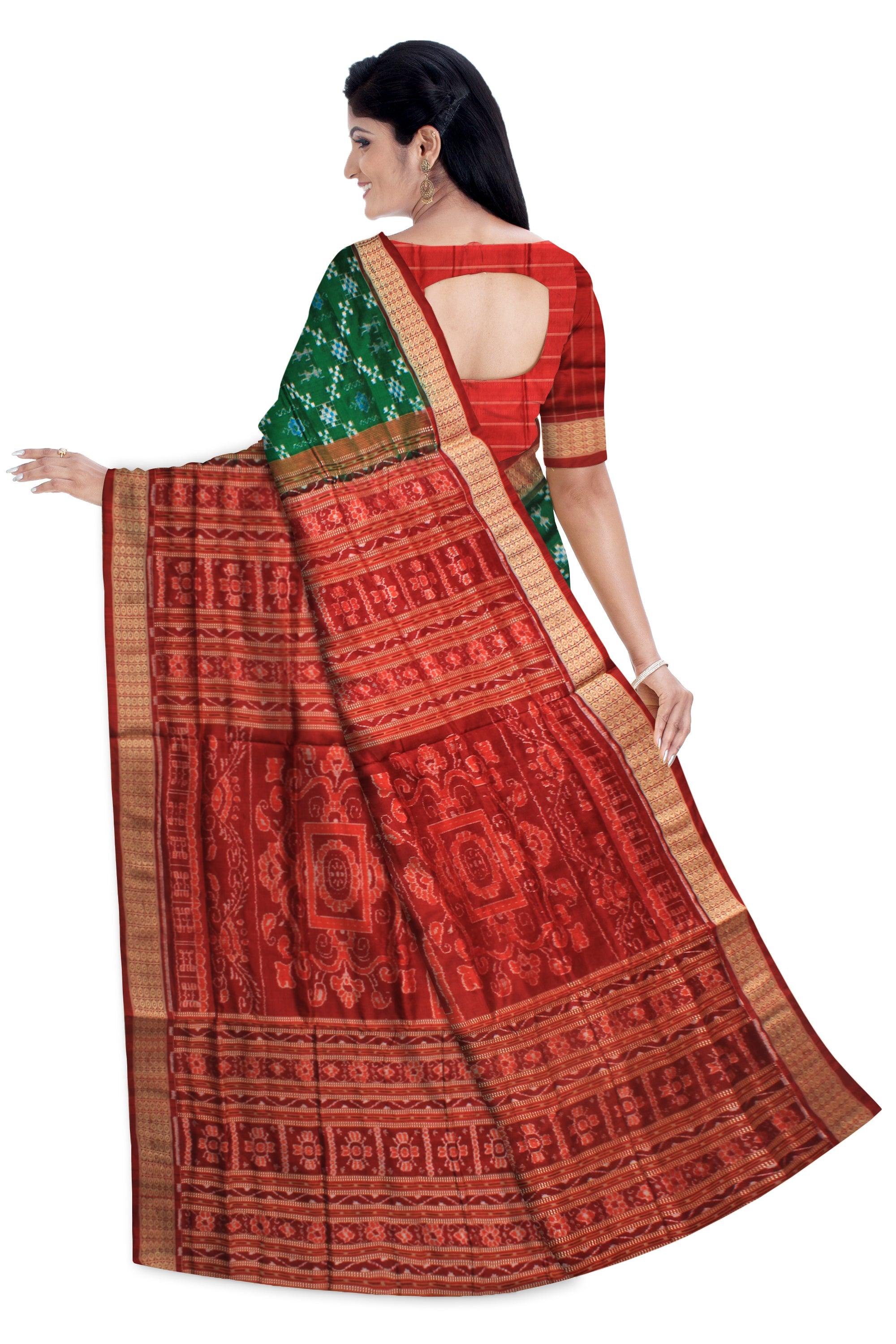SMALL TERRACOTTA AND PASAPALI PATTERN PURE SILK SAREE IN DEEP GREEN AND RED COLOR , ATTACHED WITH BLOUSE PIECE. - Koshali Arts & Crafts Enterprise