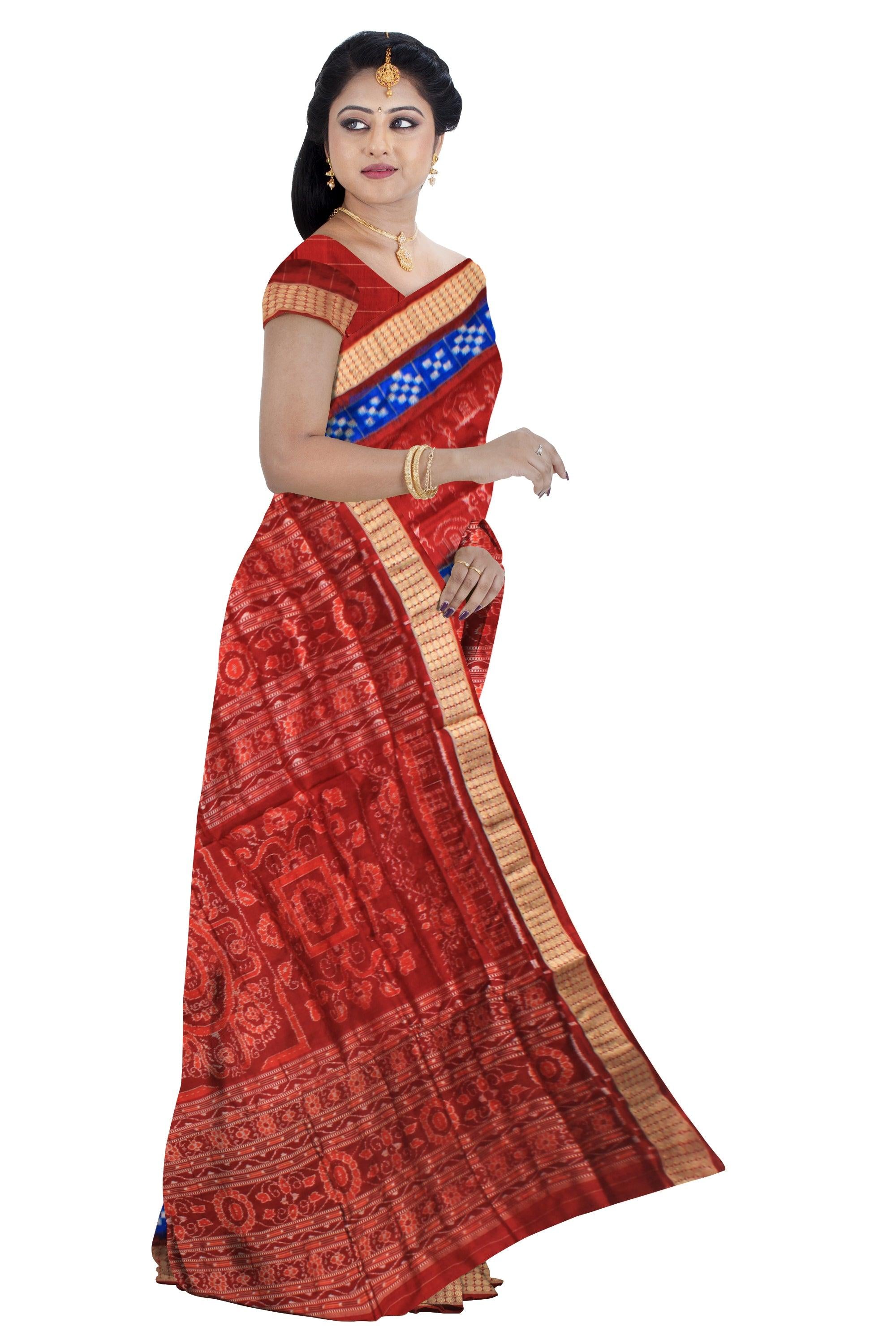 HANDWOVEN BLUE  AND MAROON COLOR VILLAGE THEME AND TRIBAL MOTIFS PASAPALI SILK SAREE WITH BLOUSE PIECE. - Koshali Arts & Crafts Enterprise