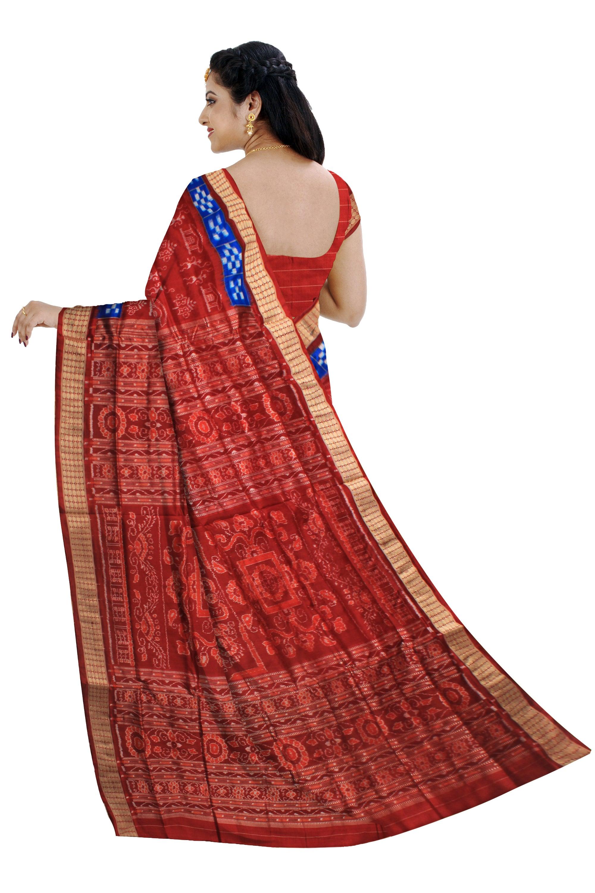 HANDWOVEN BLUE  AND MAROON COLOR VILLAGE THEME AND TRIBAL MOTIFS PASAPALI SILK SAREE WITH BLOUSE PIECE. - Koshali Arts & Crafts Enterprise