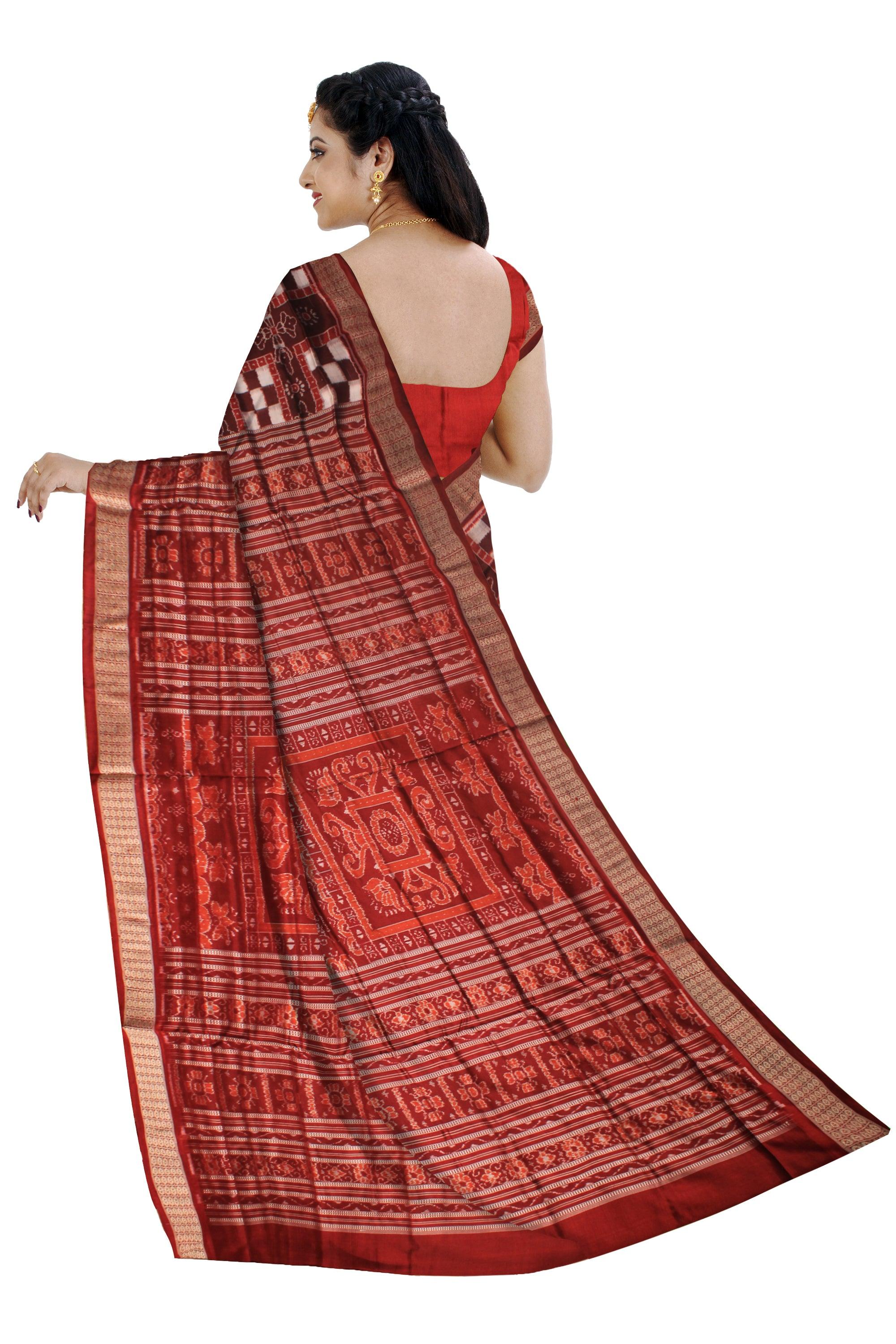 SAMBALPURI PASAPALI DESIGN PATA SAREE IN MAROON AND WHITE COLOR, WITH BLOUSE PIECE. - Koshali Arts & Crafts Enterprise