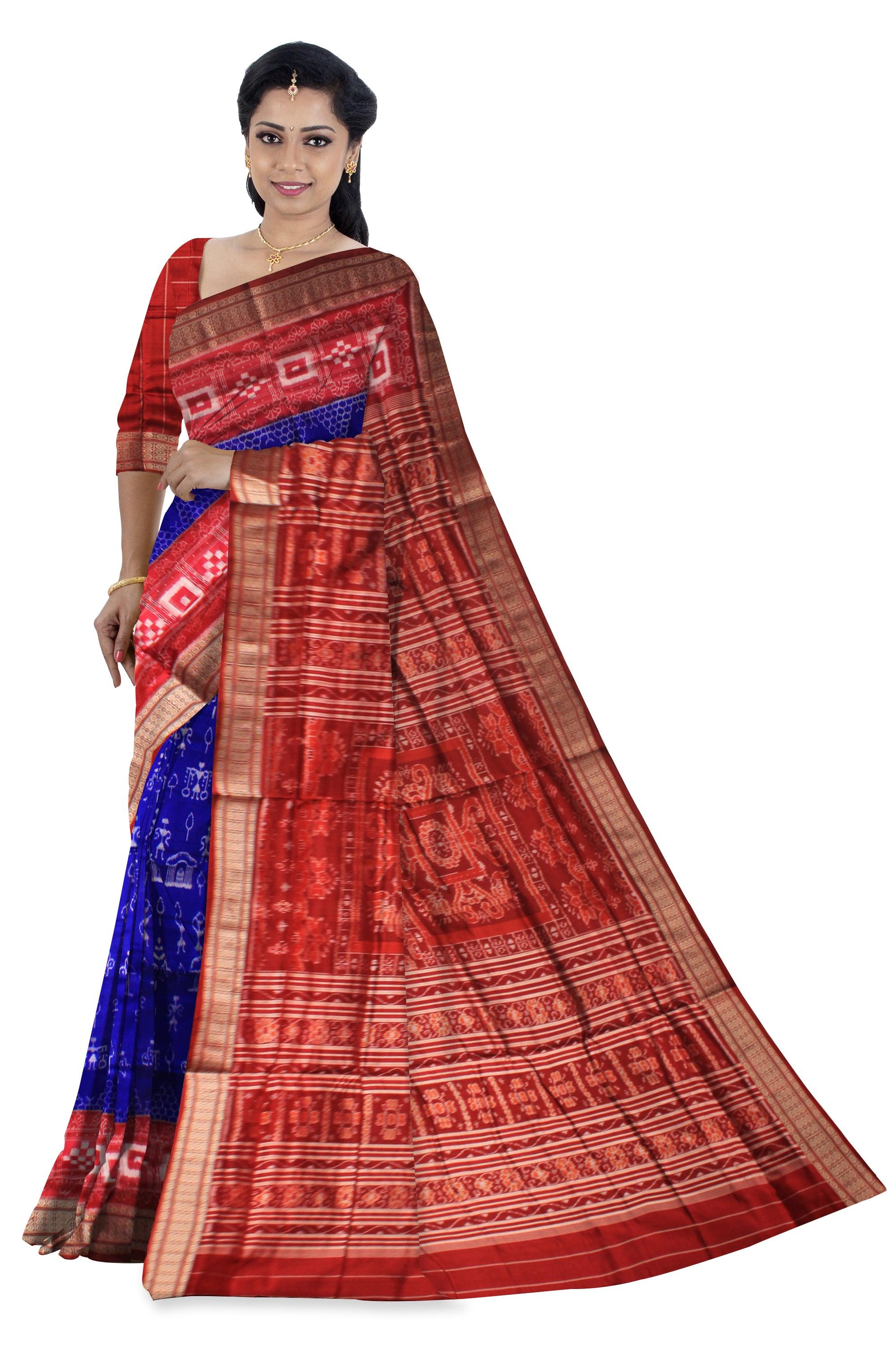 PASAPALI WITH TERRACOTTA PATTERN  PURE PATA SAREE  IN DEEP BLUE AND RED COLOR, COMES WITH BLOUSE PIECE. - Koshali Arts & Crafts Enterprise