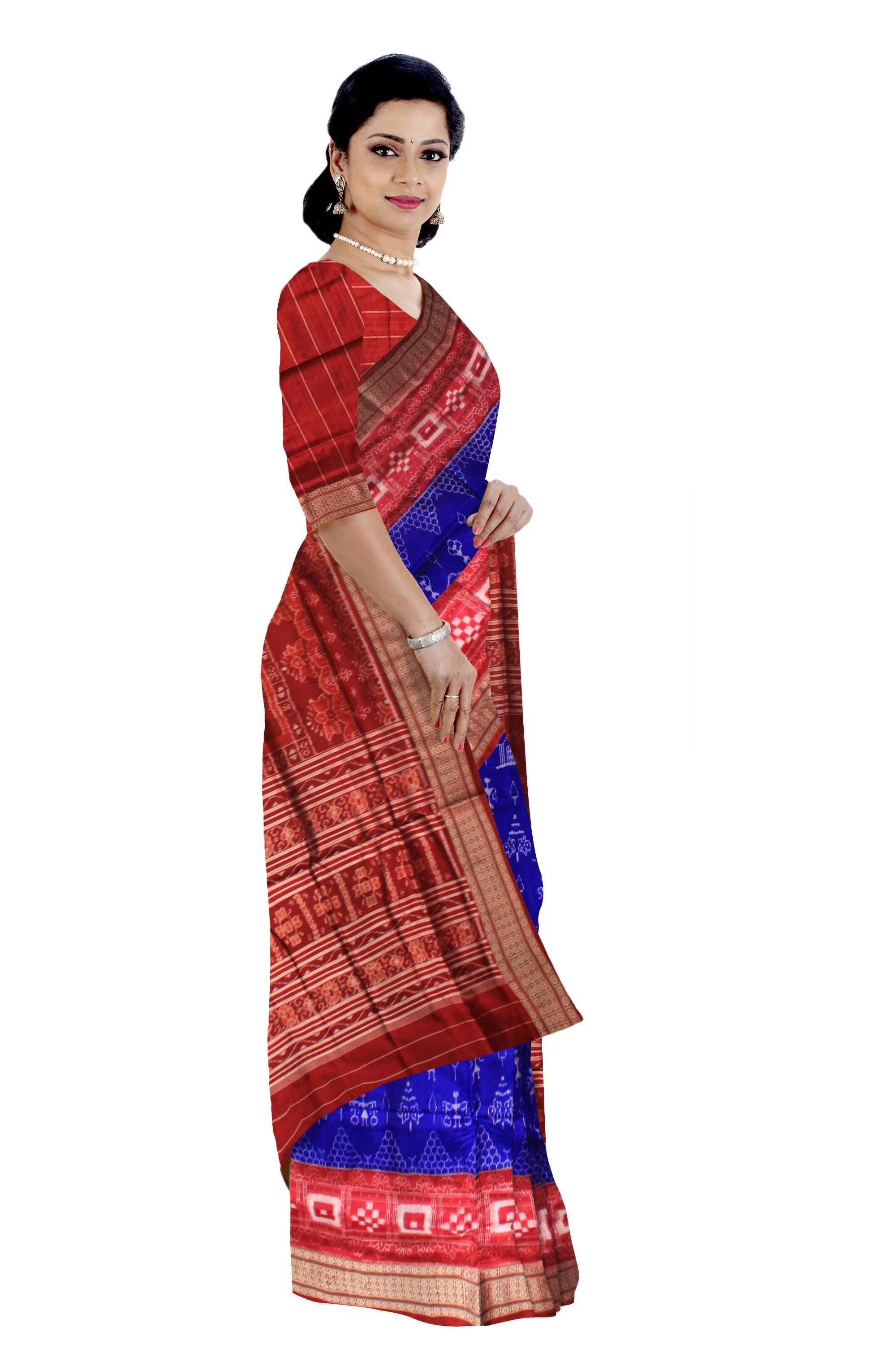 PASAPALI WITH TERRACOTTA PATTERN  PURE PATA SAREE  IN DEEP BLUE AND RED COLOR, COMES WITH BLOUSE PIECE. - Koshali Arts & Crafts Enterprise