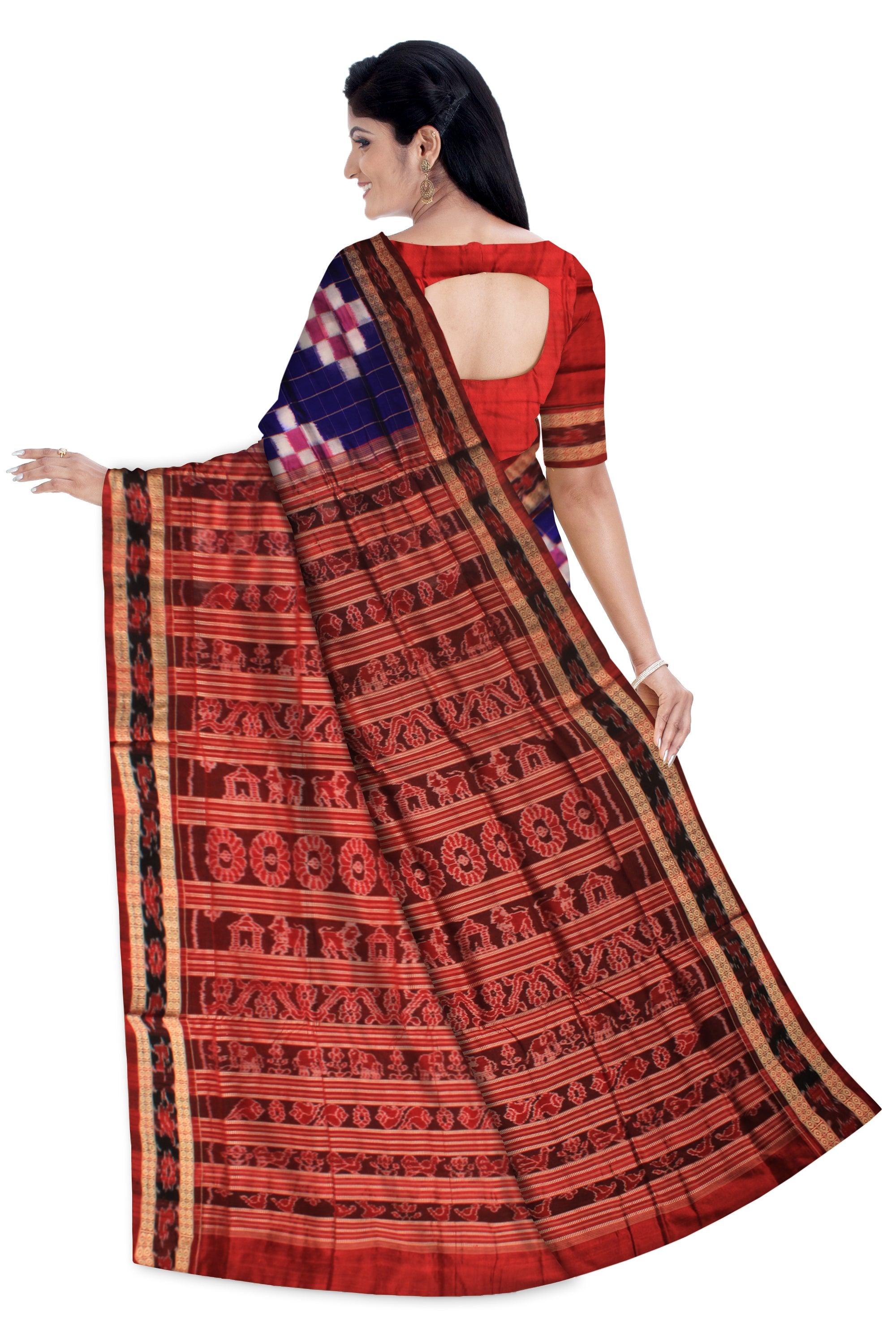 BLUE, RED AND WHITE COLOR BIG PASAPALI DESIGN PATA SAREE, ATTACHED WITH BLOUSE PIECE. - Koshali Arts & Crafts Enterprise