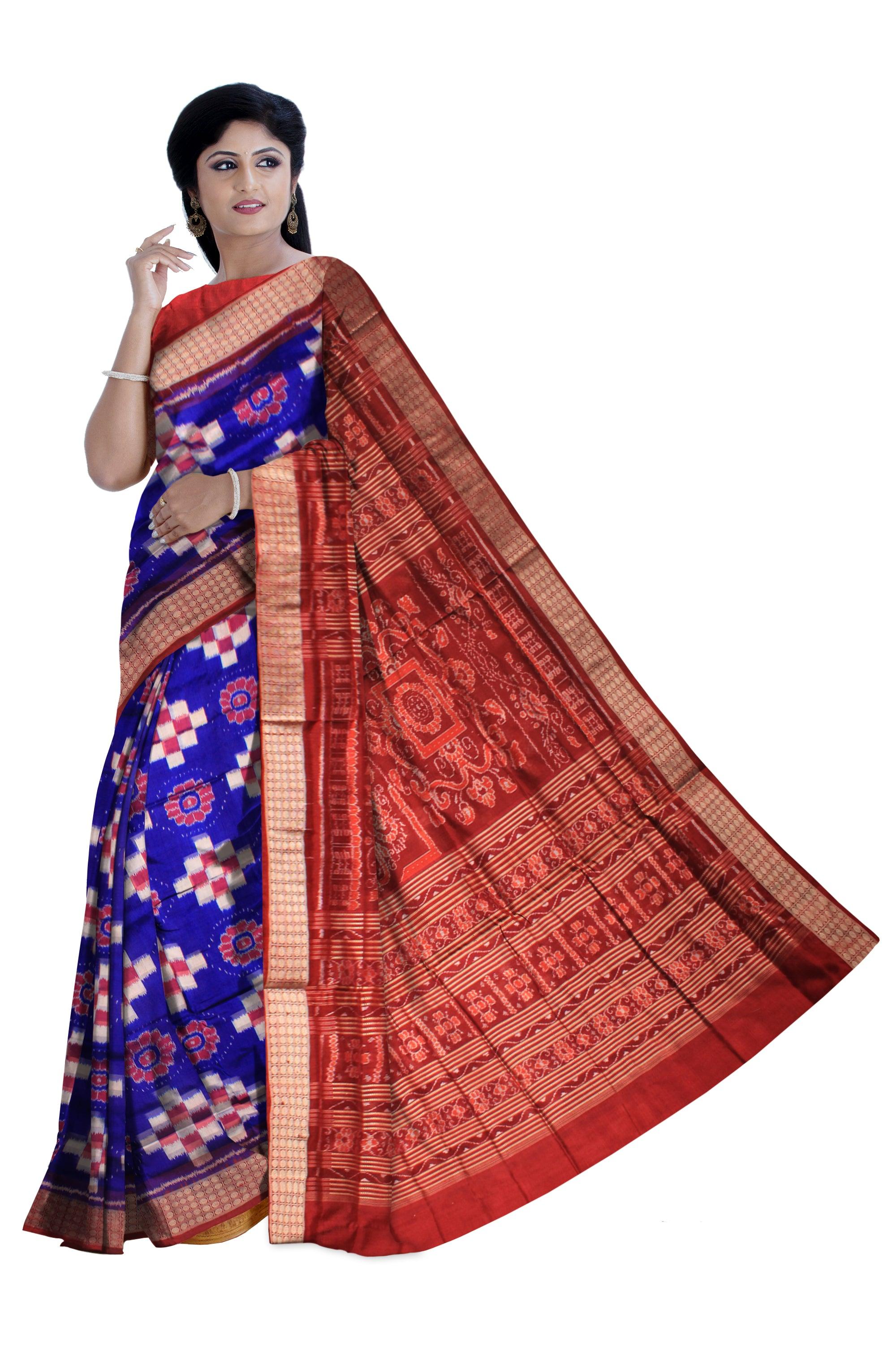 PASAPALI WITH FLOWER PATTERN PURE SILK SAREE  IN BLUE ,WHITE AND RED COLOR, WITH BLOUSE PIECE. - Koshali Arts & Crafts Enterprise