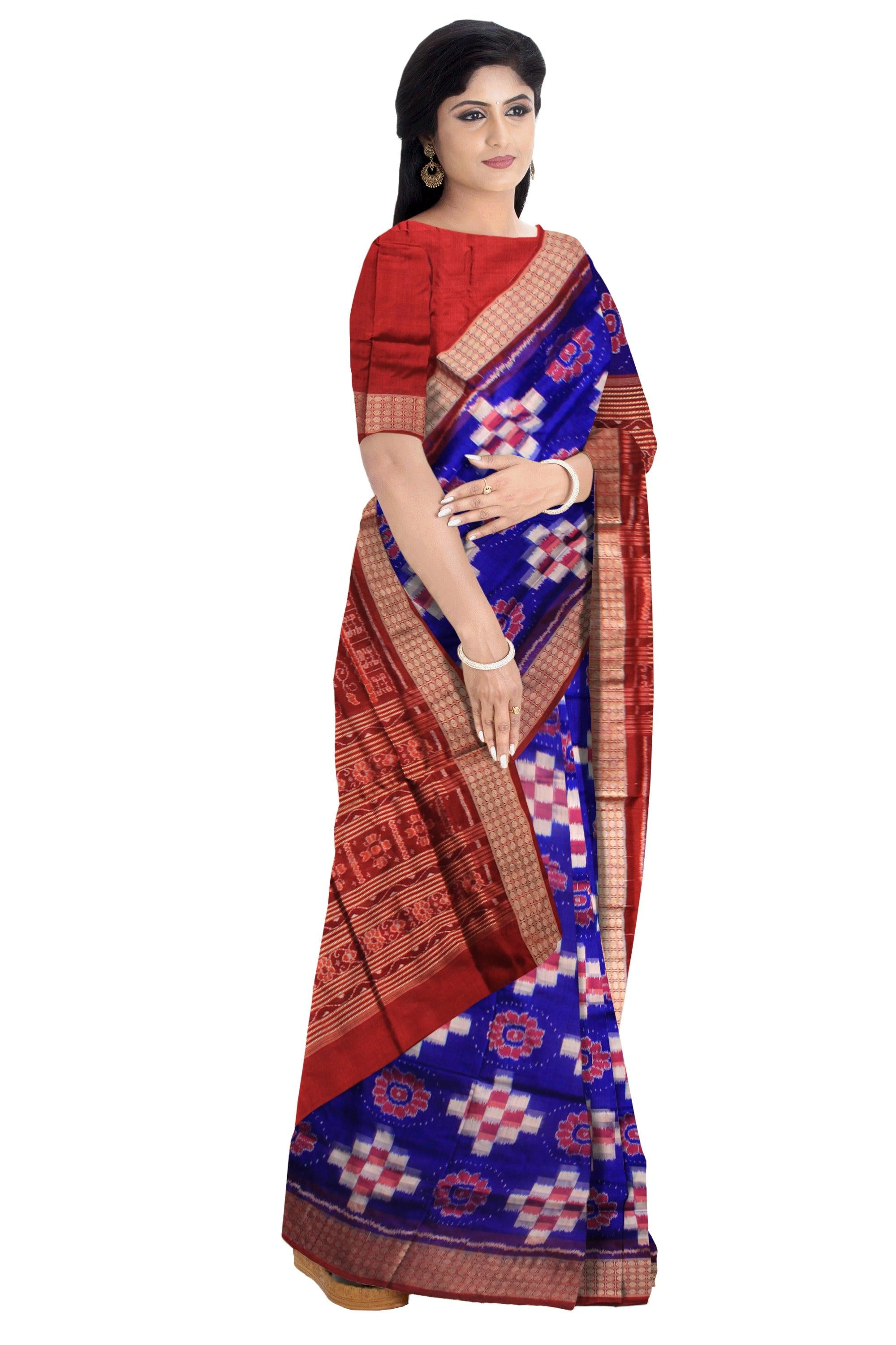 PASAPALI WITH FLOWER PATTERN PURE SILK SAREE  IN BLUE ,WHITE AND RED COLOR, WITH BLOUSE PIECE. - Koshali Arts & Crafts Enterprise