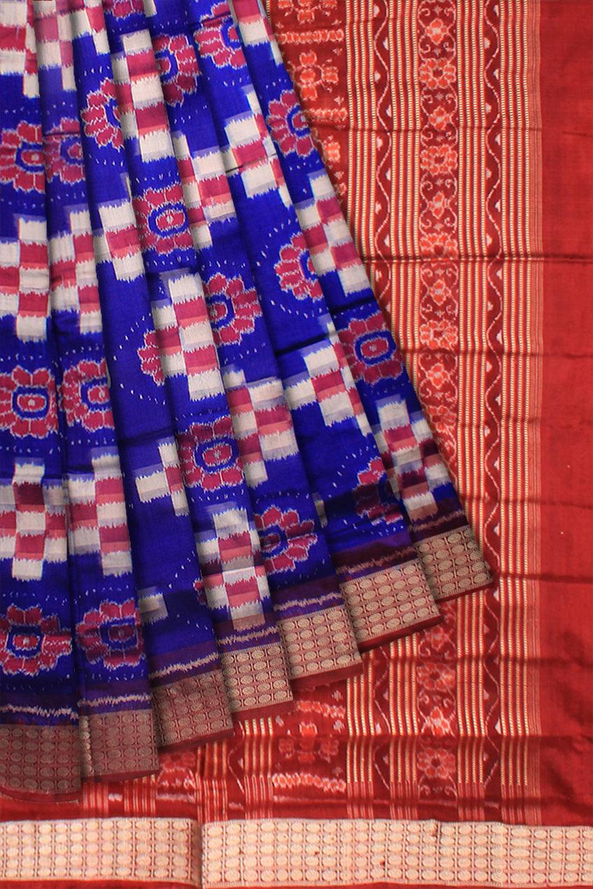 PASAPALI WITH FLOWER PATTERN PURE SILK SAREE IN BLUE ,WHITE AND RED COLOR, WITH BLOUSE PIECE. - Koshali Arts & Crafts Enterprise