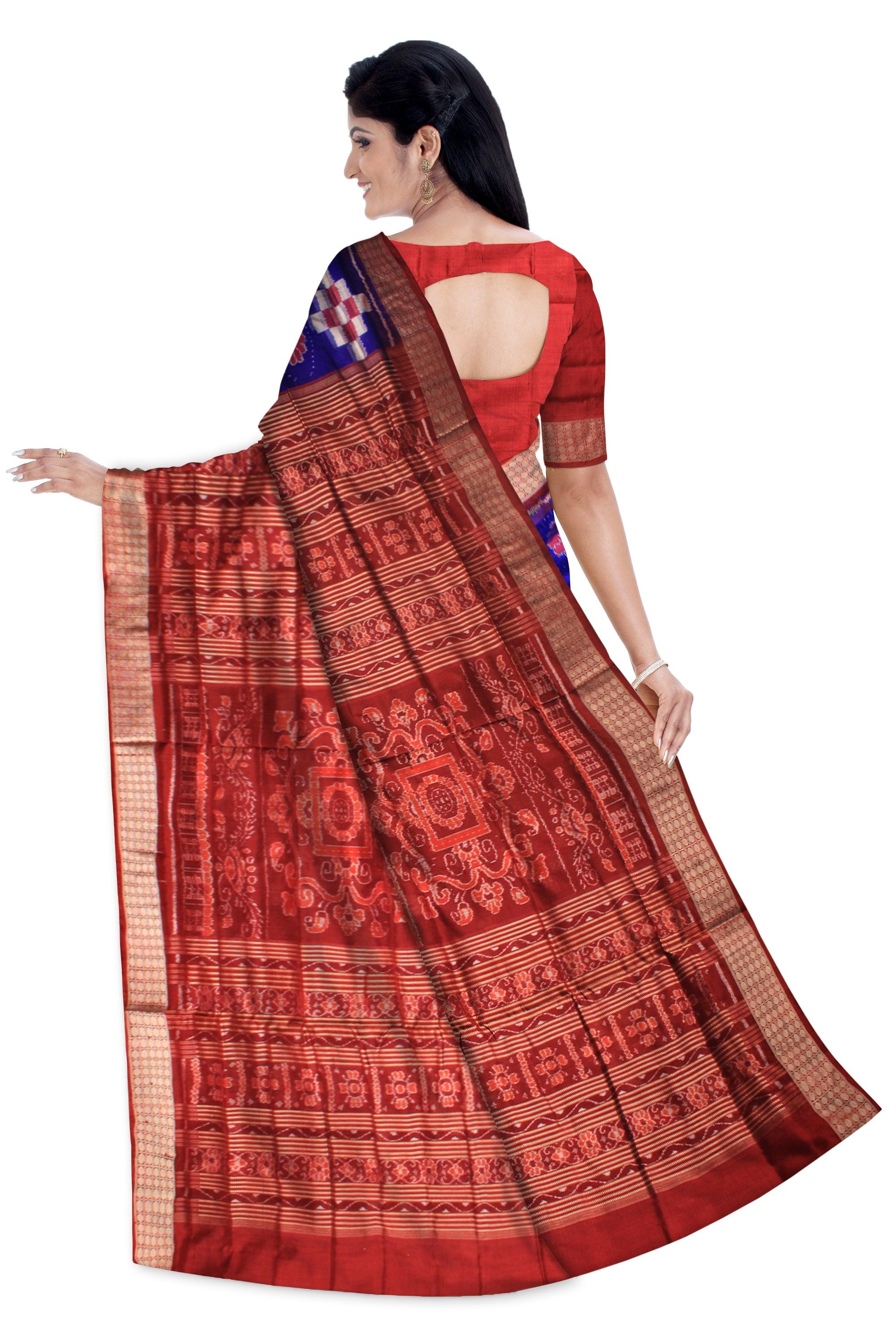 PASAPALI WITH FLOWER PATTERN PURE SILK SAREE IN BLUE ,WHITE AND RED COLOR, WITH BLOUSE PIECE. - Koshali Arts & Crafts Enterprise