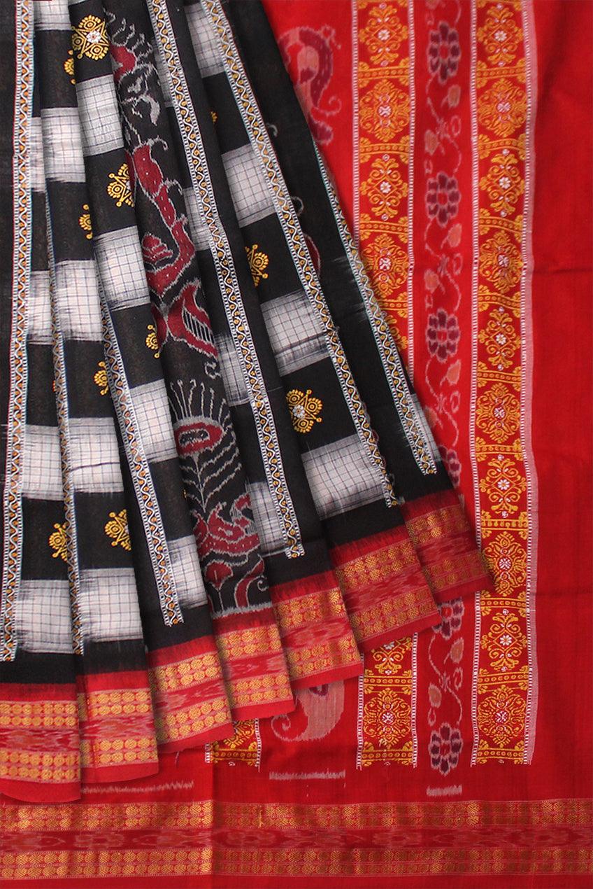 BOX PATTERN BOMKEI SAMBALPURI SAREE IN BLACK, WHITE AND RED COLOR WITH BLOUSE PIECE. - Koshali Arts & Crafts Enterprise