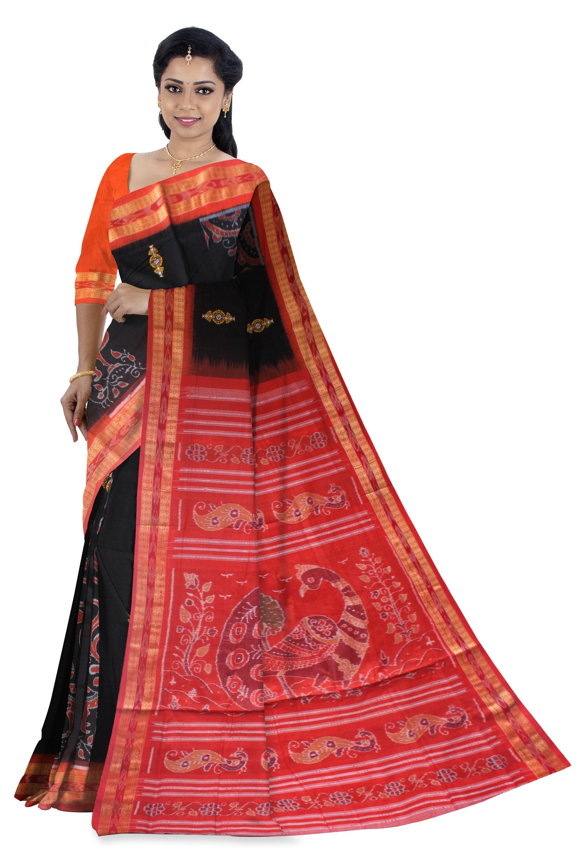 LATEST PEACOCK DESIGN IN BLACK  AND  ORANGE COLOR  COTTON SAREE AVAILABLE WITH BLOUSE. - Koshali Arts & Crafts Enterprise