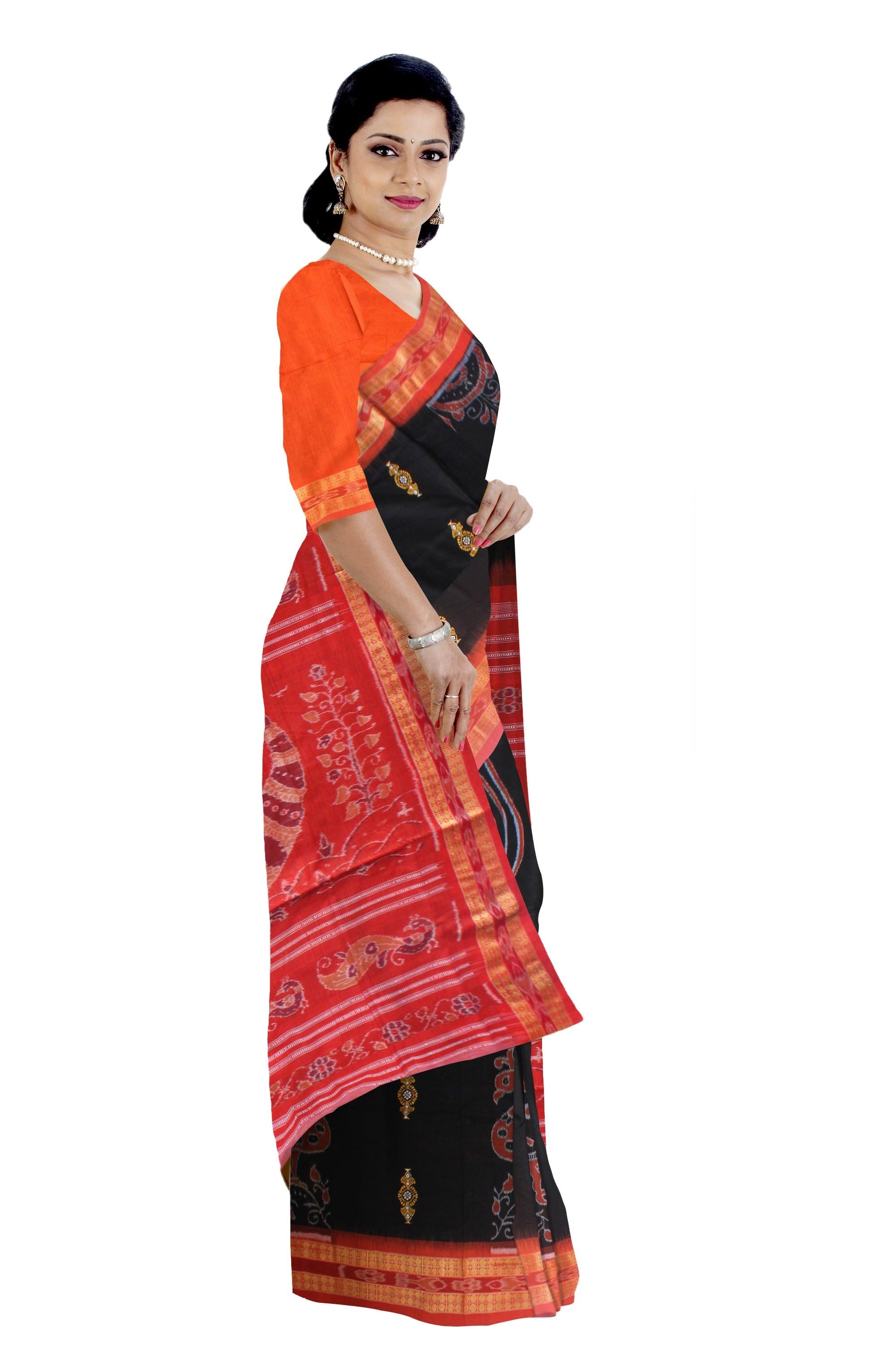 LATEST PEACOCK DESIGN IN BLACK  AND  ORANGE COLOR  COTTON SAREE AVAILABLE WITH BLOUSE. - Koshali Arts & Crafts Enterprise