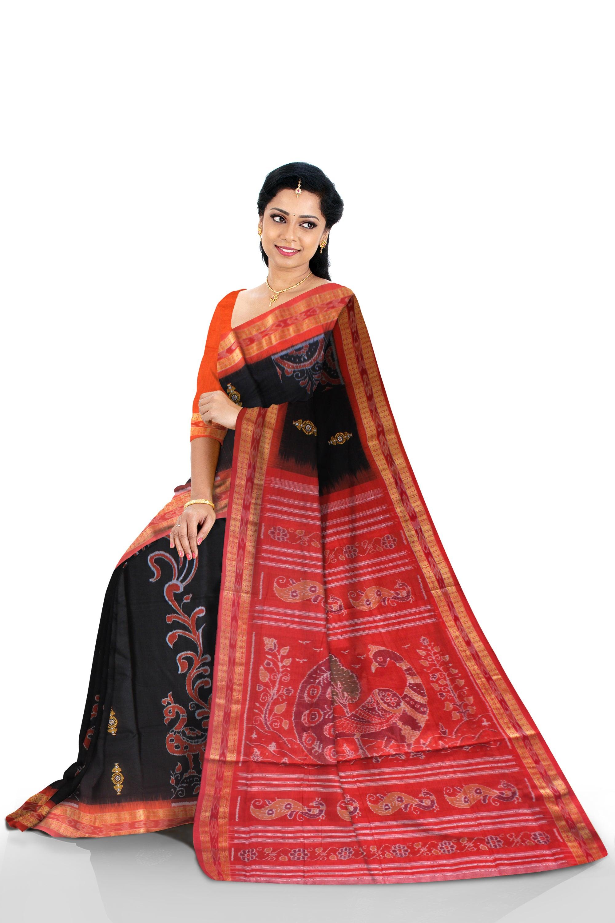 LATEST PEACOCK DESIGN IN BLACK AND ORANGE COLOR COTTON SAREE AVAILABLE WITH BLOUSE. - Koshali Arts & Crafts Enterprise