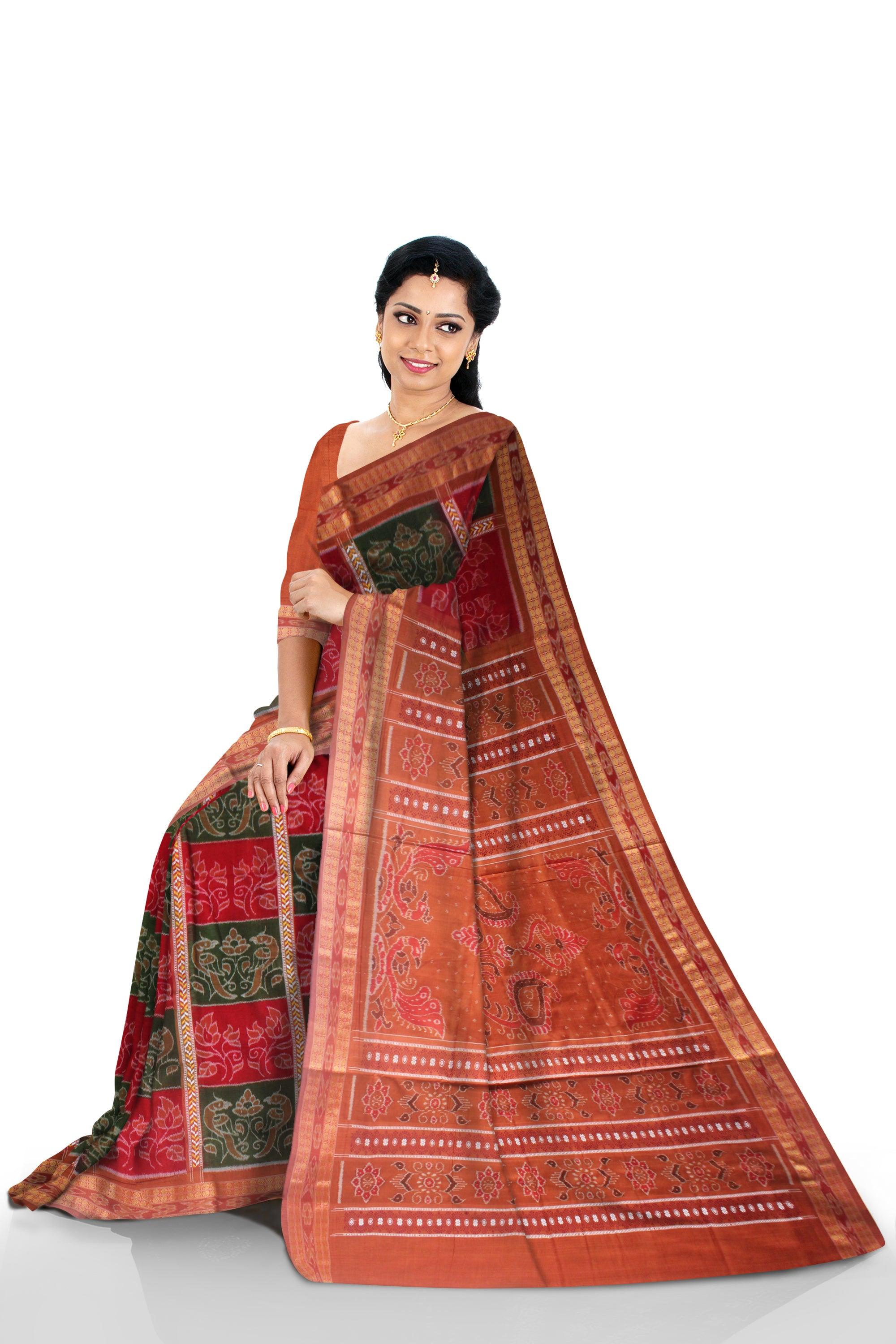 A GOOD TRADITIONAL WORK COTTON SAREE IN RED ,GREEN AND SALMON COLOUR AVAILABLE WITH BLOUSE. - Koshali Arts & Crafts Enterprise