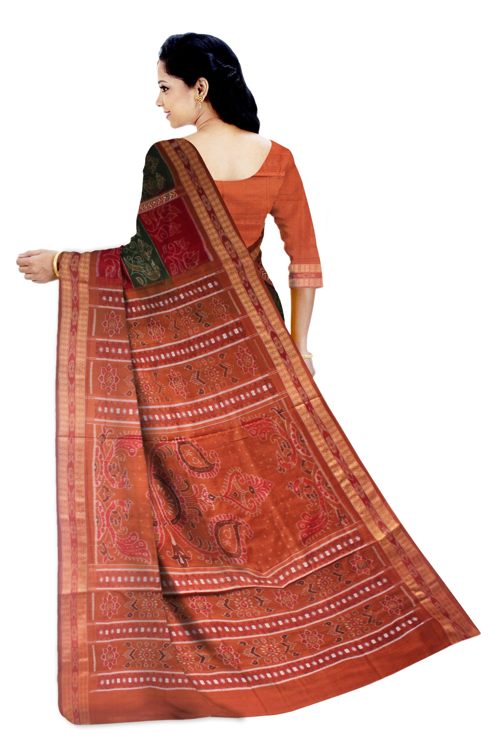 A GOOD TRADITIONAL WORK COTTON SAREE IN RED ,GREEN AND SALMON COLOUR AVAILABLE WITH BLOUSE. - Koshali Arts & Crafts Enterprise