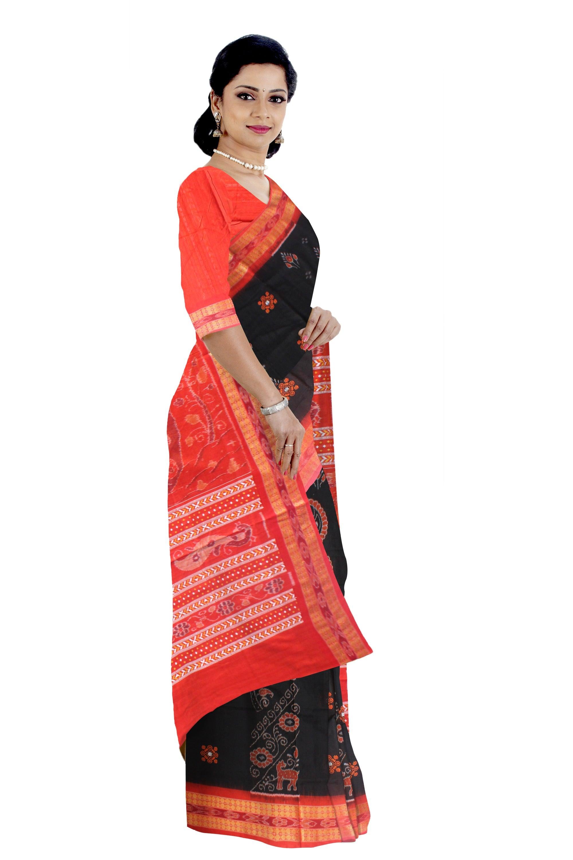 A BEAUTIFUL COTTON SAREE IN TRADITIONAL PATTERN WITH BLACK AND RED COLOUR , AVAILABLE WITH BLOUSE PIECE. - Koshali Arts & Crafts Enterprise
