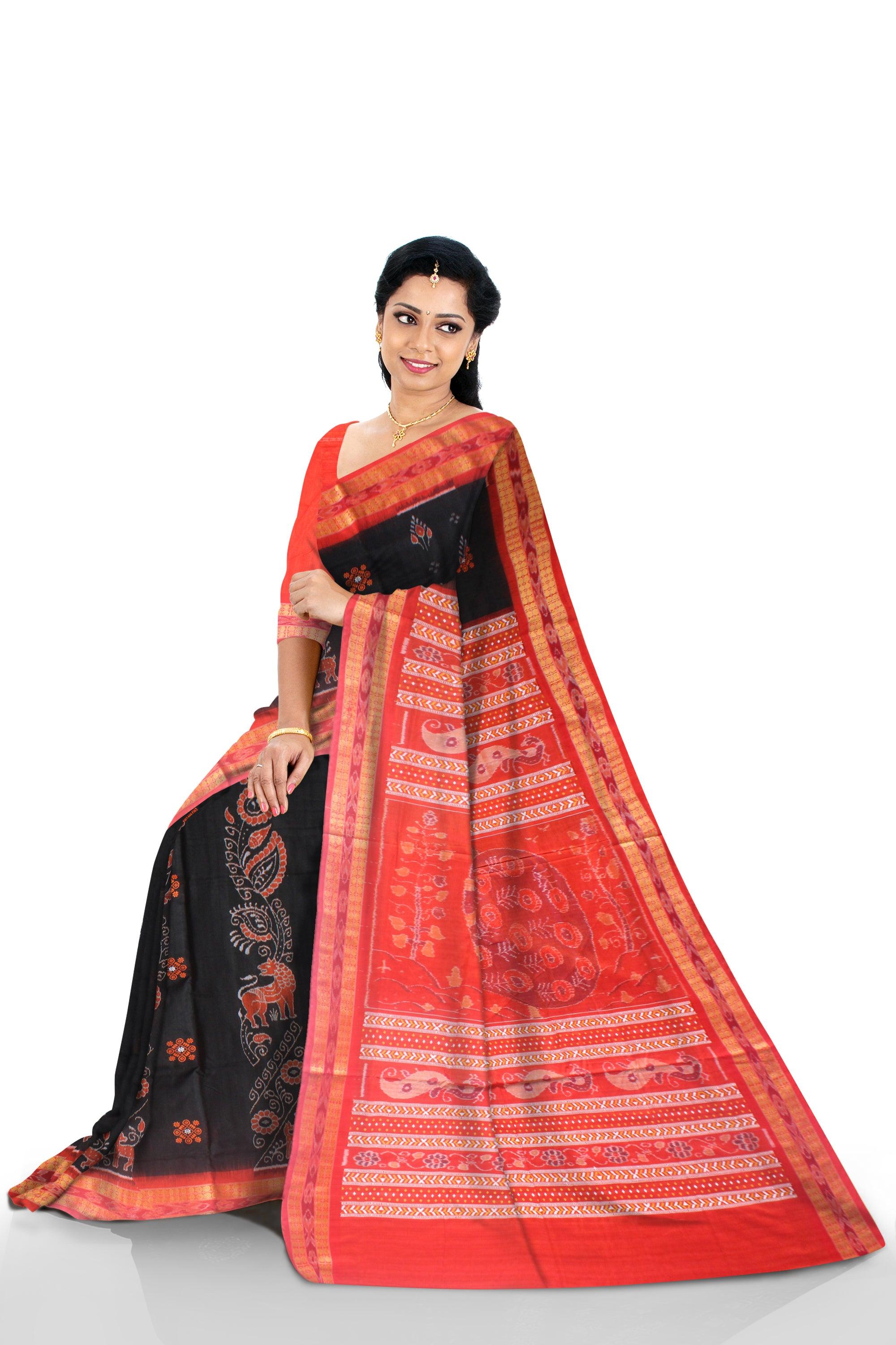 A BEAUTIFUL COTTON SAREE IN TRADITIONAL PATTERN WITH BLACK AND RED COLOUR , AVAILABLE WITH BLOUSE PIECE. - Koshali Arts & Crafts Enterprise