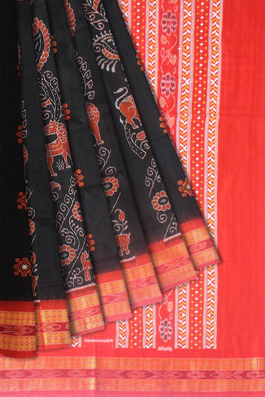 A BEAUTIFUL COTTON SAREE IN TRADITIONAL PATTERN WITH BLACK AND RED COLOUR , AVAILABLE WITH BLOUSE PIECE. - Koshali Arts & Crafts Enterprise