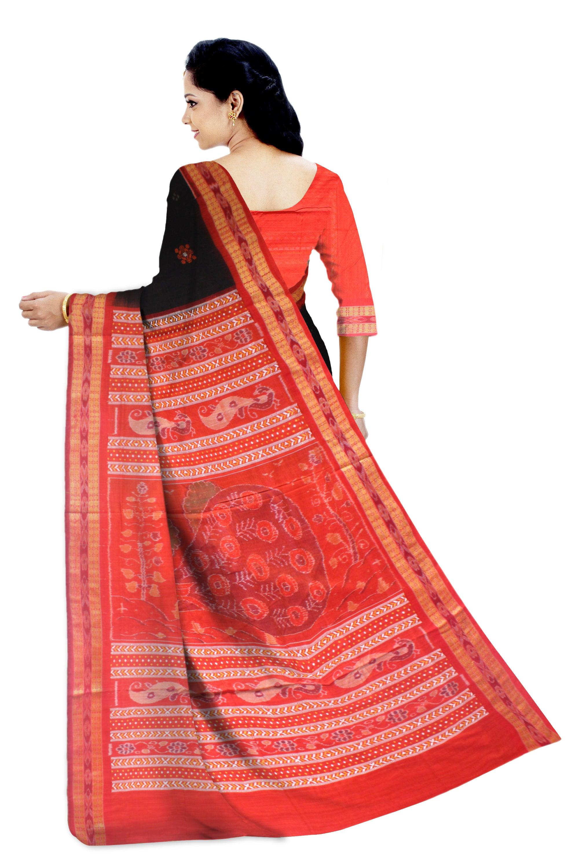 A BEAUTIFUL COTTON SAREE IN TRADITIONAL PATTERN WITH BLACK AND RED COLOUR , AVAILABLE WITH BLOUSE PIECE. - Koshali Arts & Crafts Enterprise