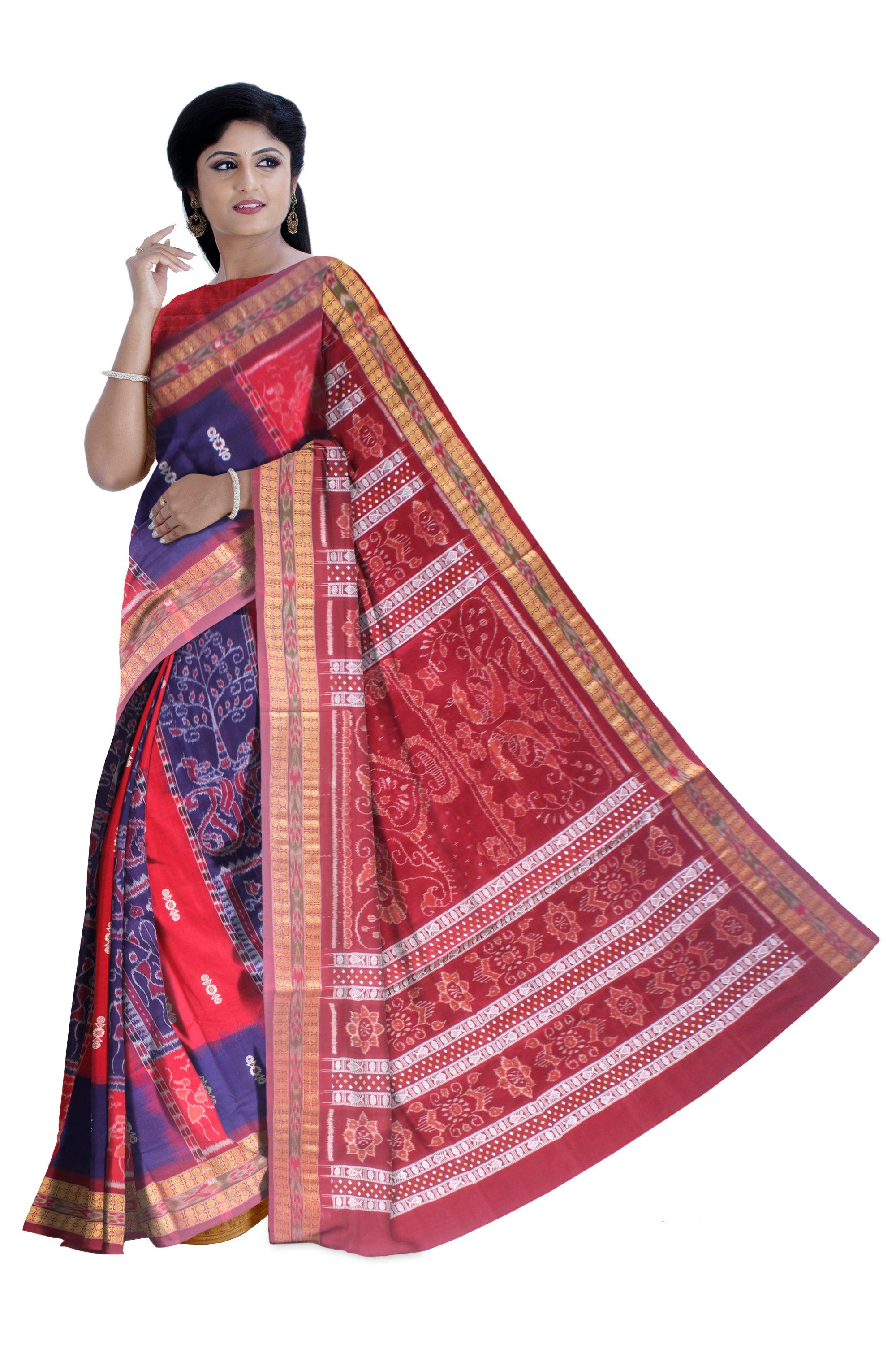 A BEAUTIFUL DESIGN  TERRACOTTA WITH TREE AND FLOWER BASED COTTON SAREE IN BLUE,RED AND MAROON AVAILABLE WITH BLOUSE . - Koshali Arts & Crafts Enterprise
