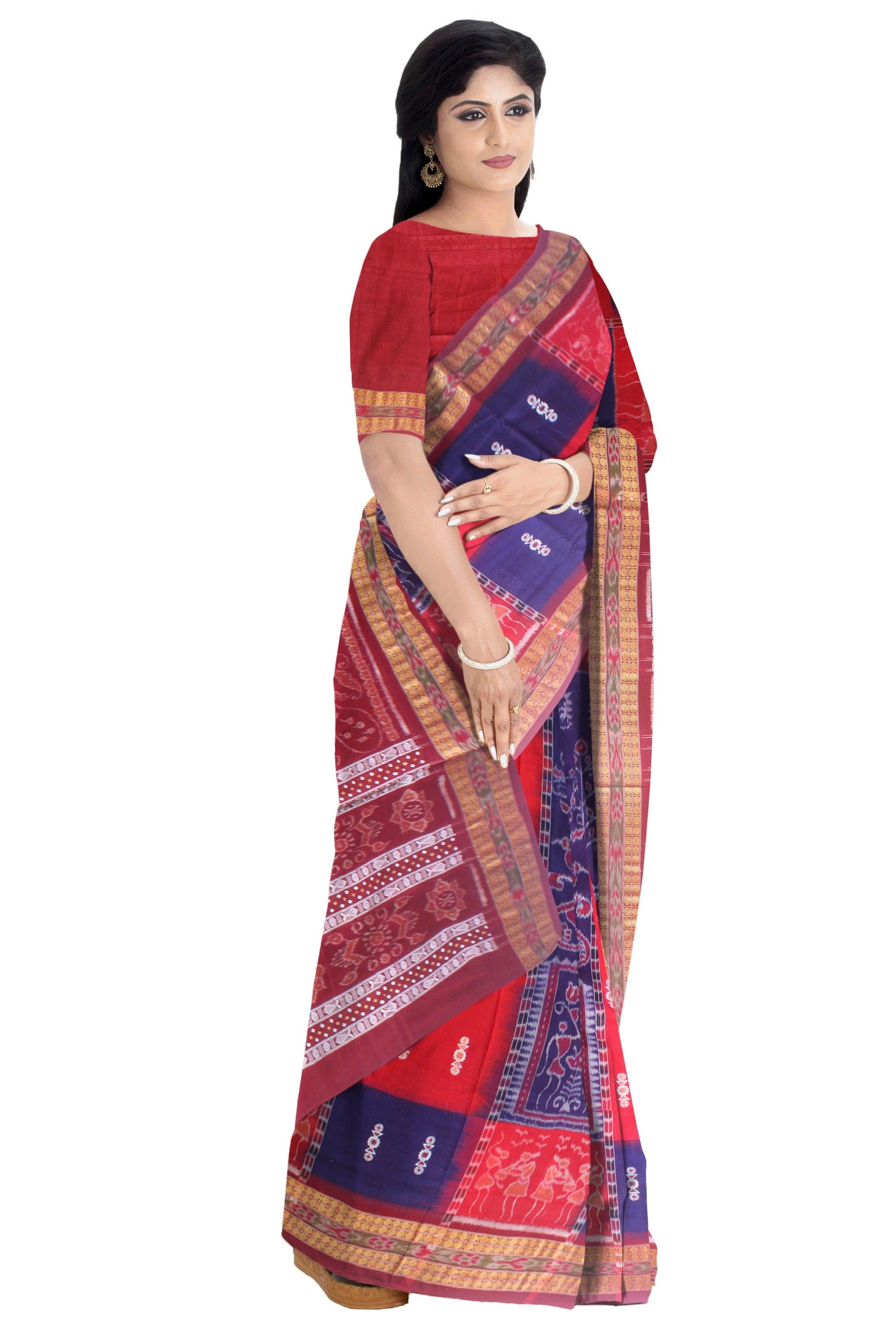 A BEAUTIFUL DESIGN  TERRACOTTA WITH TREE AND FLOWER BASED COTTON SAREE IN BLUE,RED AND MAROON AVAILABLE WITH BLOUSE . - Koshali Arts & Crafts Enterprise