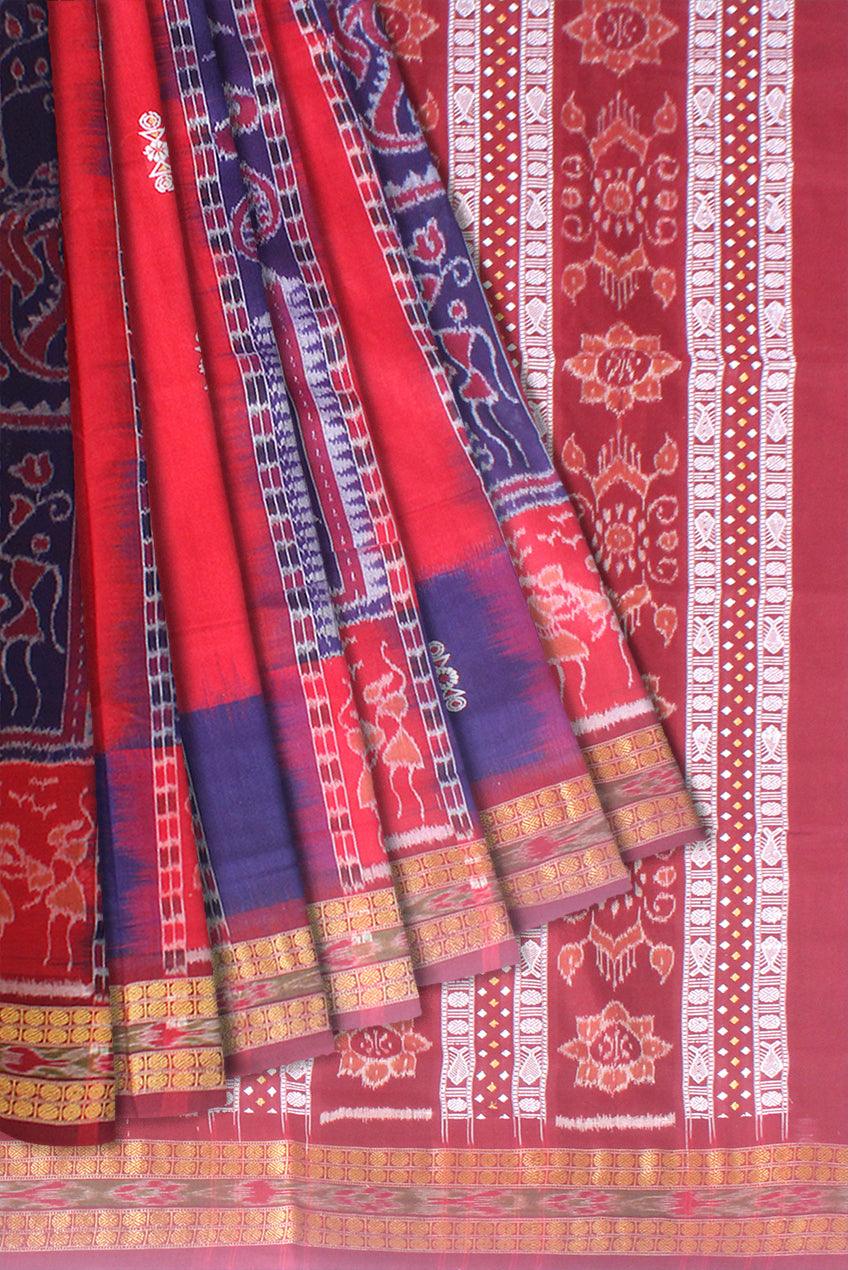A BEAUTIFUL DESIGN TERRACOTTA WITH TREE AND FLOWER BASED COTTON SAREE IN BLUE,RED AND MAROON AVAILABLE WITH BLOUSE . - Koshali Arts & Crafts Enterprise