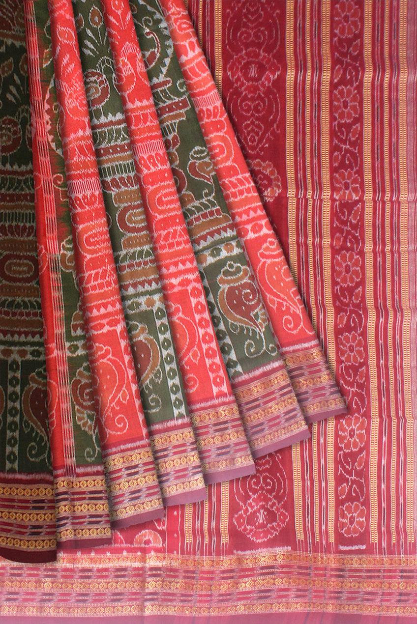 LATEST NEW TRADITIONAL SANKHA AND KALASHA WITH PEACOCK BASE COTTON SAREE IN GREEN AND RED COLOUR AVAILABLE WITH BLOUSE. - Koshali Arts & Crafts Enterprise